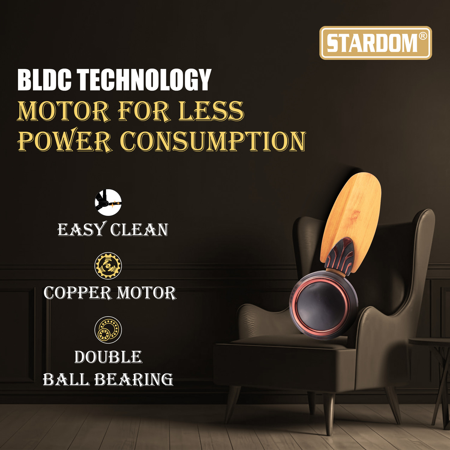 Image of Stardom EAGLE JH WOODEN | BLDC Motor | 4 Blade with 5 Year Warranty BLDC Motor with Remote 600 mm Ceiling Fan
