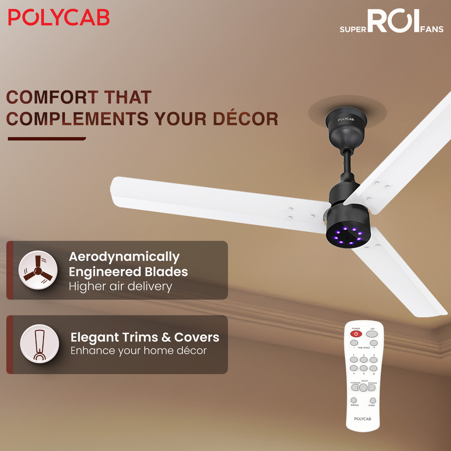 Image of Polycab Wizzy Plus 2.0 LED100% CopperHigher Air DeliveryLED Indicator with 3 Year Warranty BLDC Motor with Remote 1200 mm Ceiling Fan