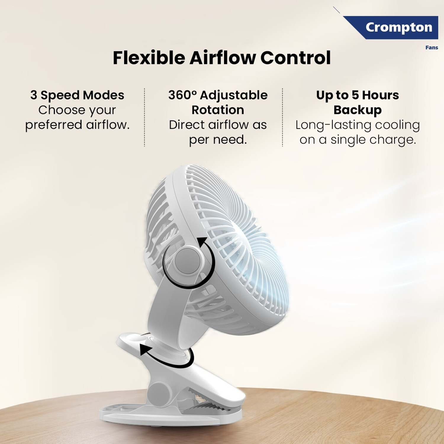 Image of Crompton Siro Rechargable Clip Fan with 1 Year Warranty High Air Delivery 100 mm Table Fan