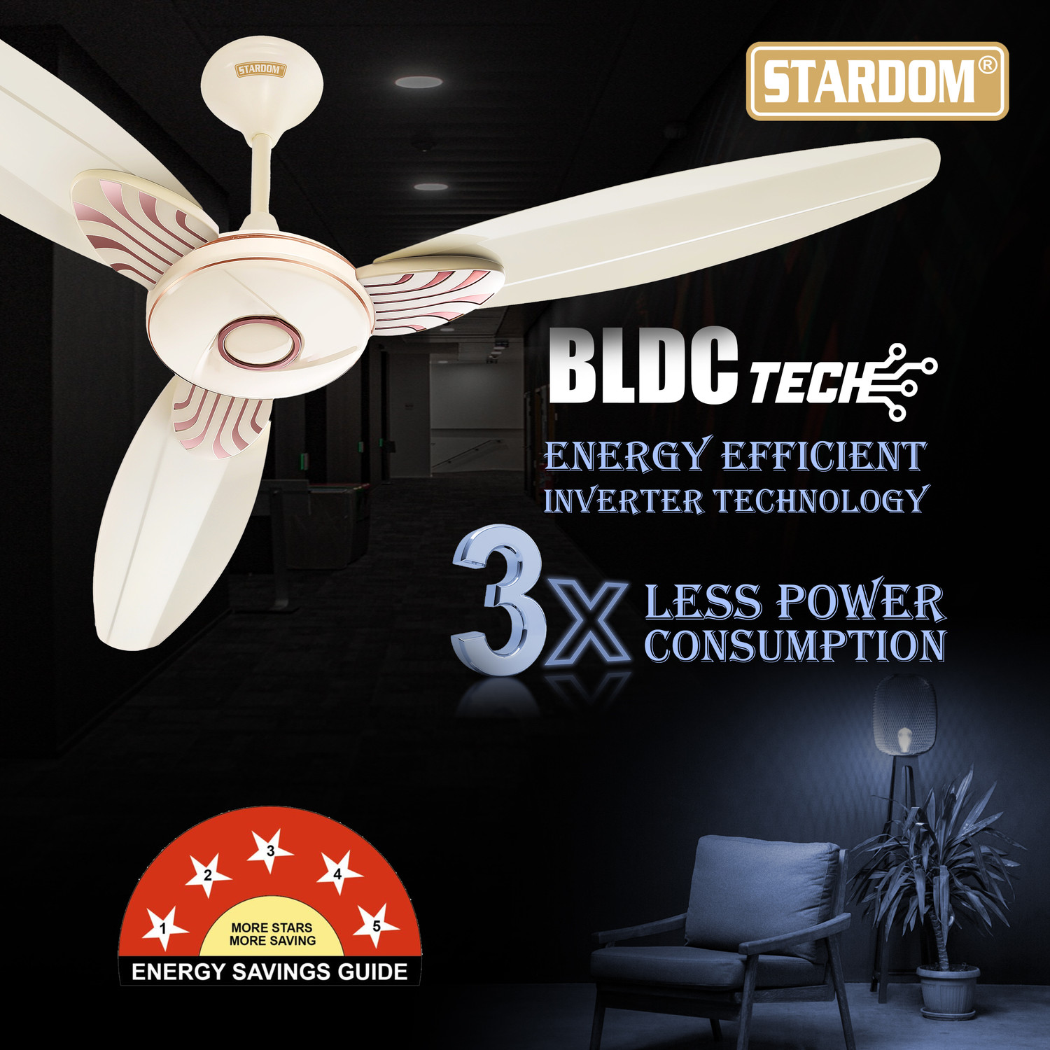 Image of Stardom RACER IVORY 1200 MM BLDC with 3 Year Warranty BLDC Motor with Remote 1200 mm Ceiling Fan