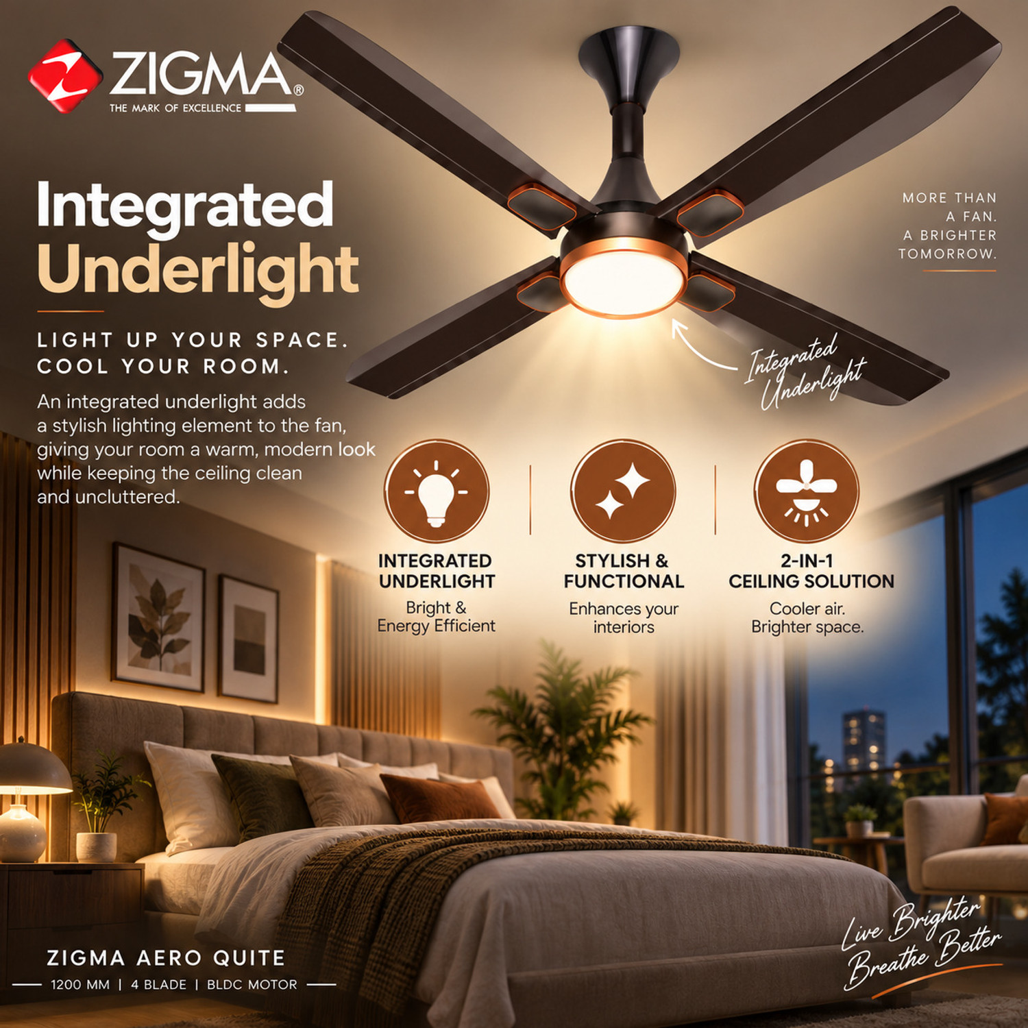 Image of zigma Aero Quite with 36 Months Warranty 1200 mm Ceiling Fan (5 Star | Brown | Pack of 1)