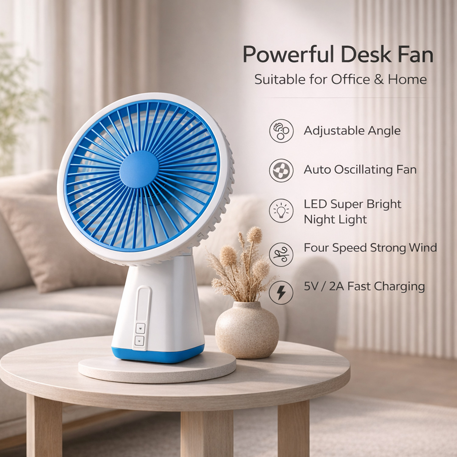 Image of ZUVUZU Table Fan | Rechargeable Table Fan with | LED Light | High Speed | Fan for Home Ultra High Speed 1400 mm Table Fan