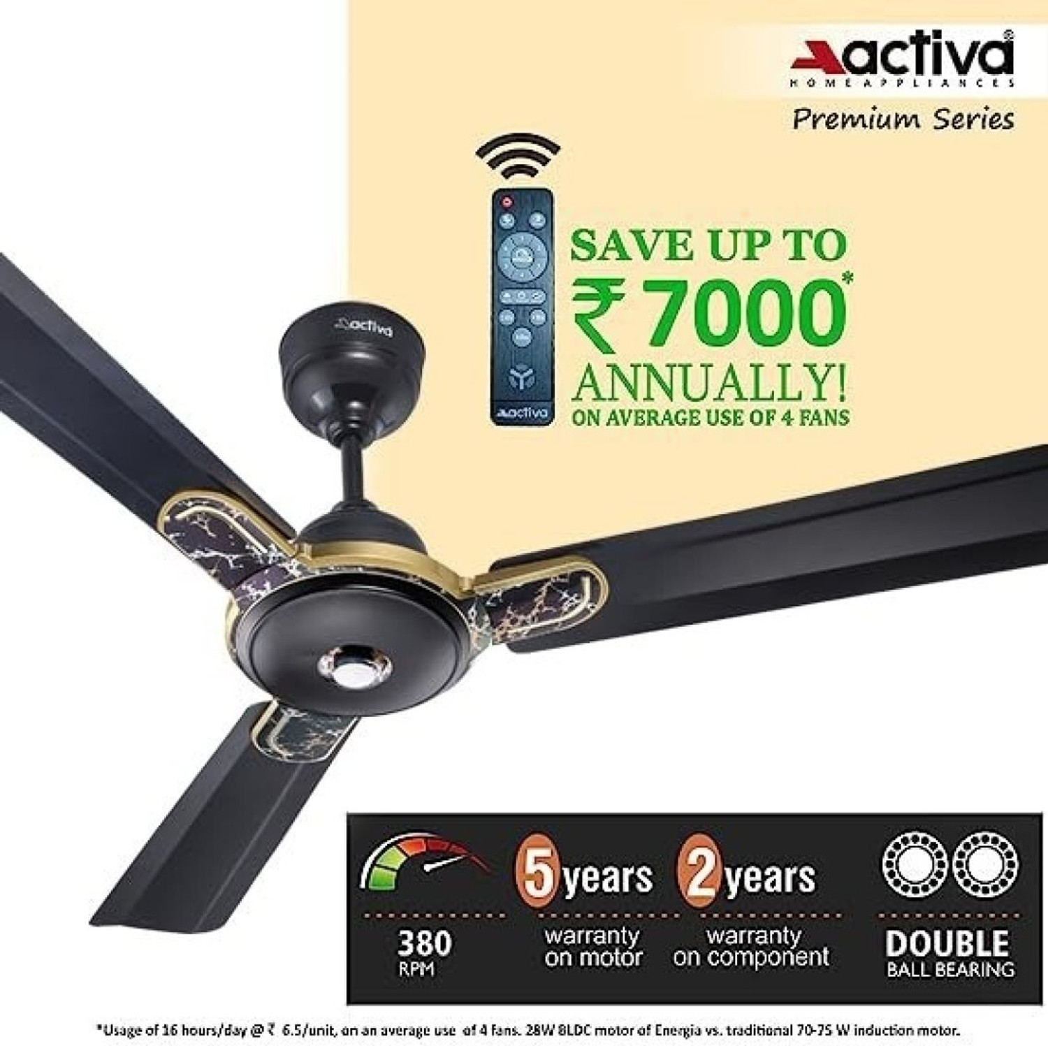 Image of ACTIVA Energia Marble Black with 5 Year Warranty BLDC Motor with Remote 1200 mm Ceiling Fan
