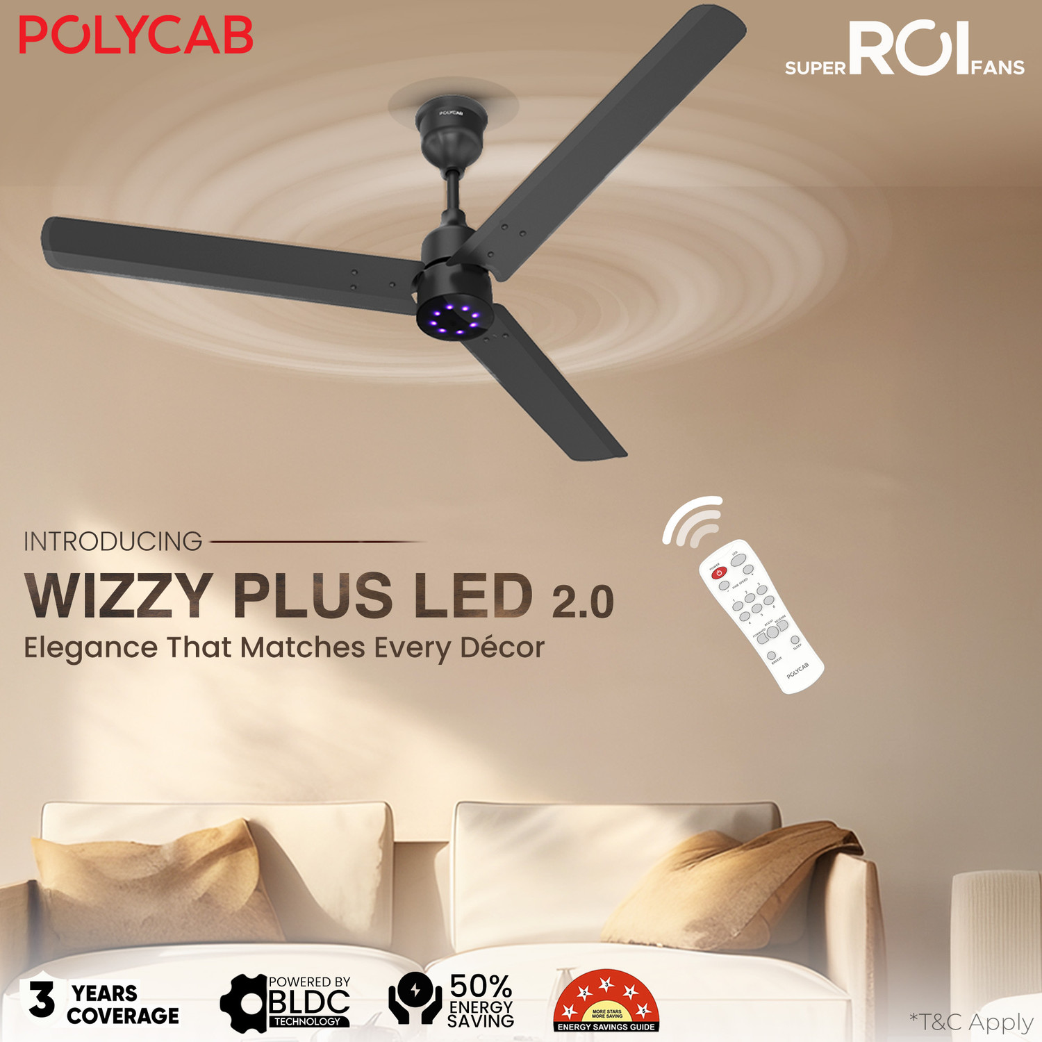 Image of Polycab Wizzy Plus 2.0 LED100% CopperHigher Air DeliveryLED Indicator with 3 Year Warranty BLDC Motor with Remote 1200 mm Ceiling Fan