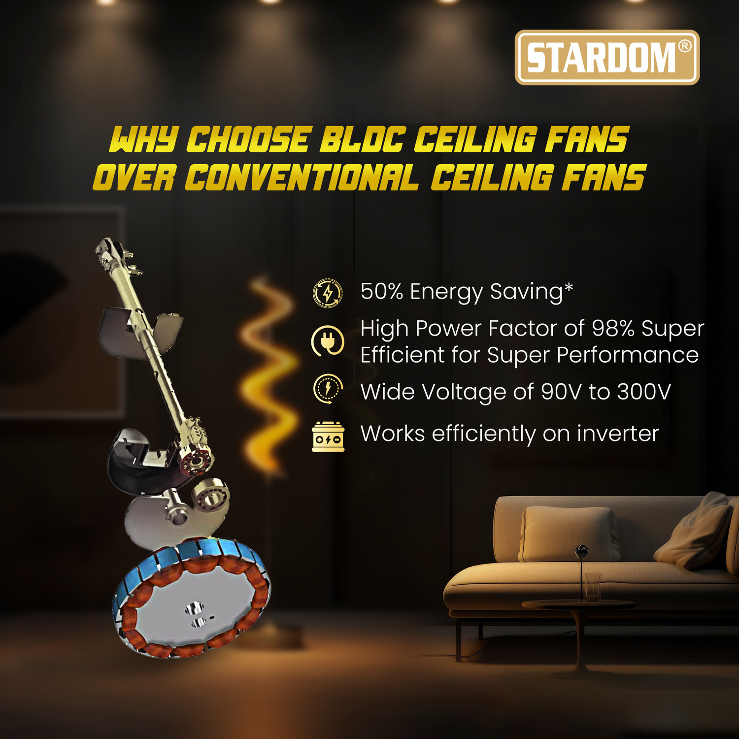 Image of Stardom RACER SMOKE BROWN | BLDC Motor | 4 Blade | Premium with 5 Year Warranty BLDC Motor with Remote 1200 mm Ceiling Fan