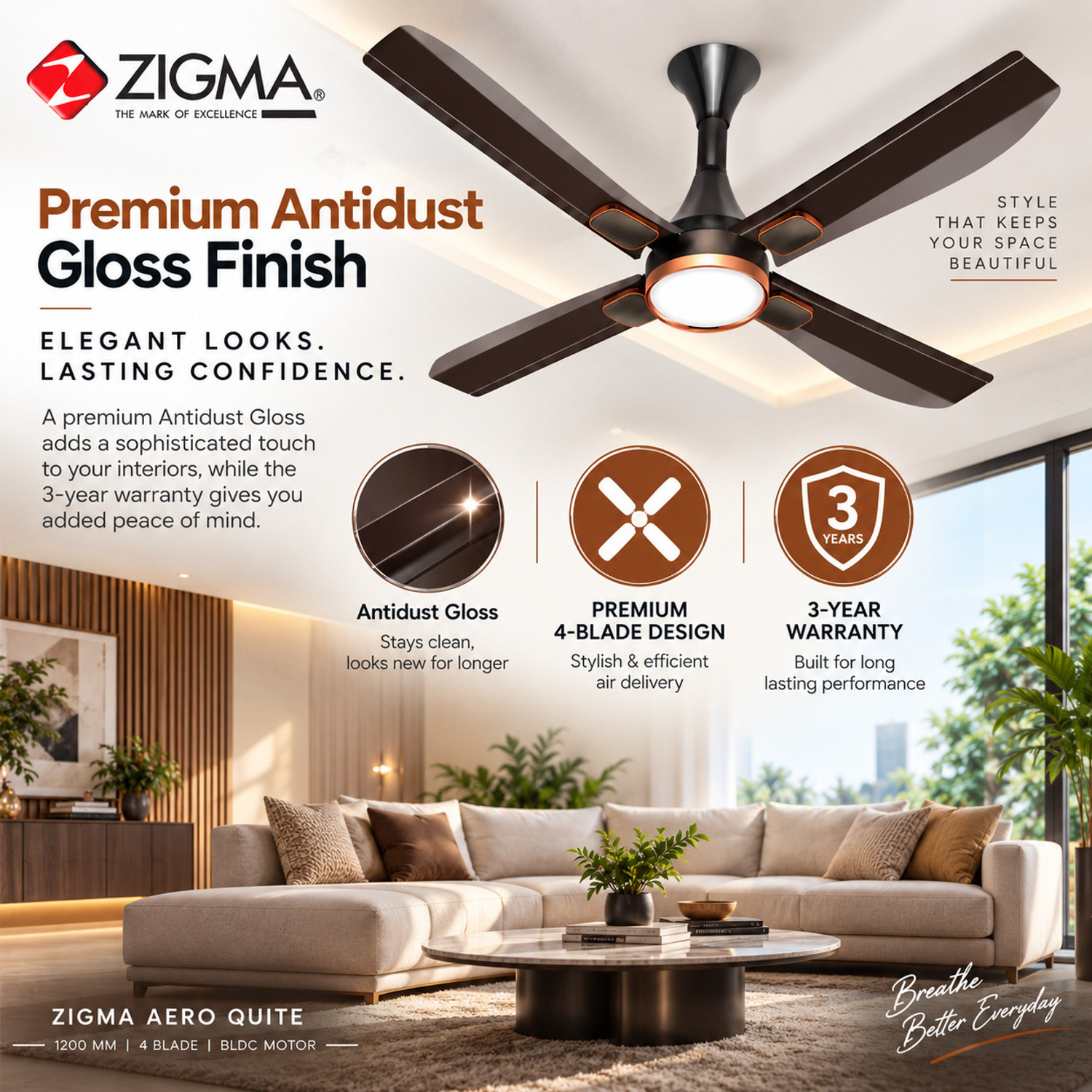 Image of zigma Aero Quite with 36 Months Warranty 1200 mm Ceiling Fan (5 Star | Brown | Pack of 1)
