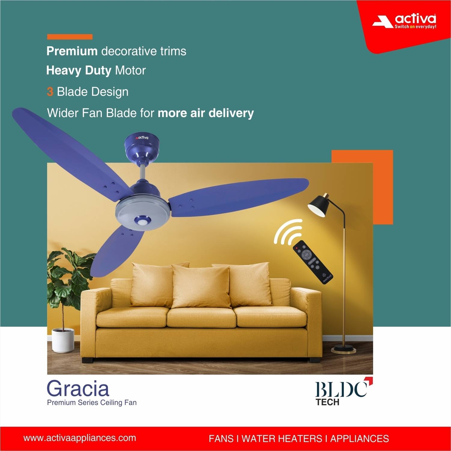 ACTIVA Gracia 1200mm BLDC Ceiling Fan with LED Light - Image 5