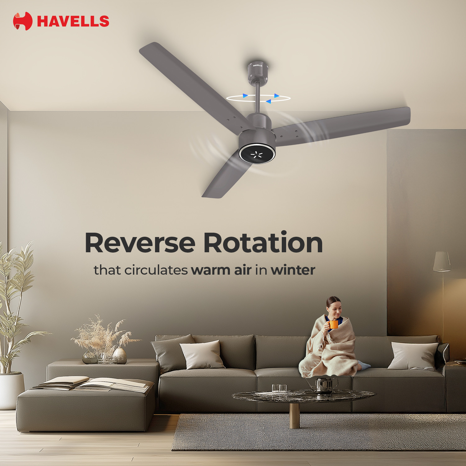 Image of HAVELLS FAB ULED|LED Speed Indicator|Remote Controlled|Upto 65% Energy Saving with 3 Year Warranty BLDC Motor with Remote 1200 mm Ceiling Fan (5 Star | Stone Grey | Pack of 1)