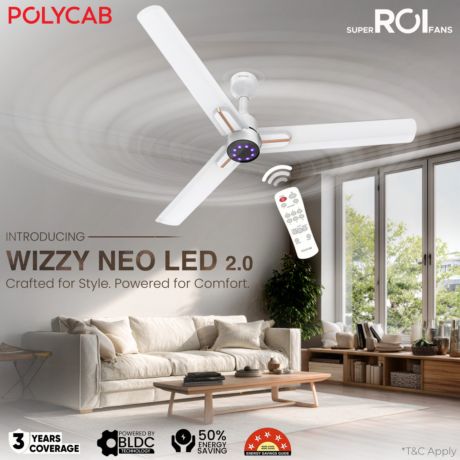 Image of Polycab Wizzy Neo LED 2.0100% CopperHigher Air DeliveryLED Indicator with 3 Year Warranty BLDC Motor with Remote 1200 mm Ceiling Fan