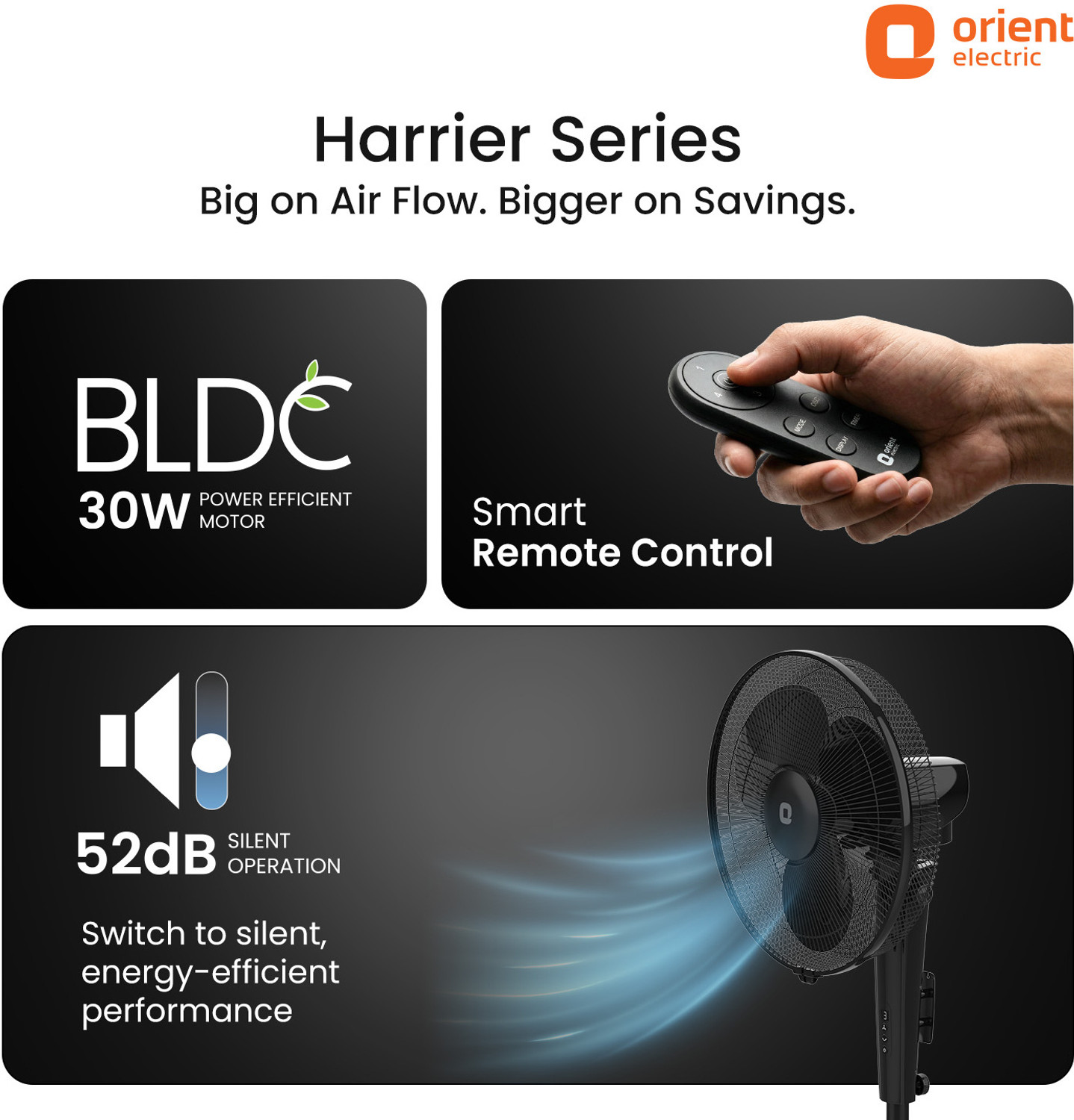 Image of Orient Electric Harrier BLDC Stand Fan | 2121680617720 Energy Saving, Whisper Quiet Operation with 2 Year Warranty BLDC Motor with Remote, Energy Saving, Ultra High Speed, High Air Delivery 400 mm Pedestal Fan