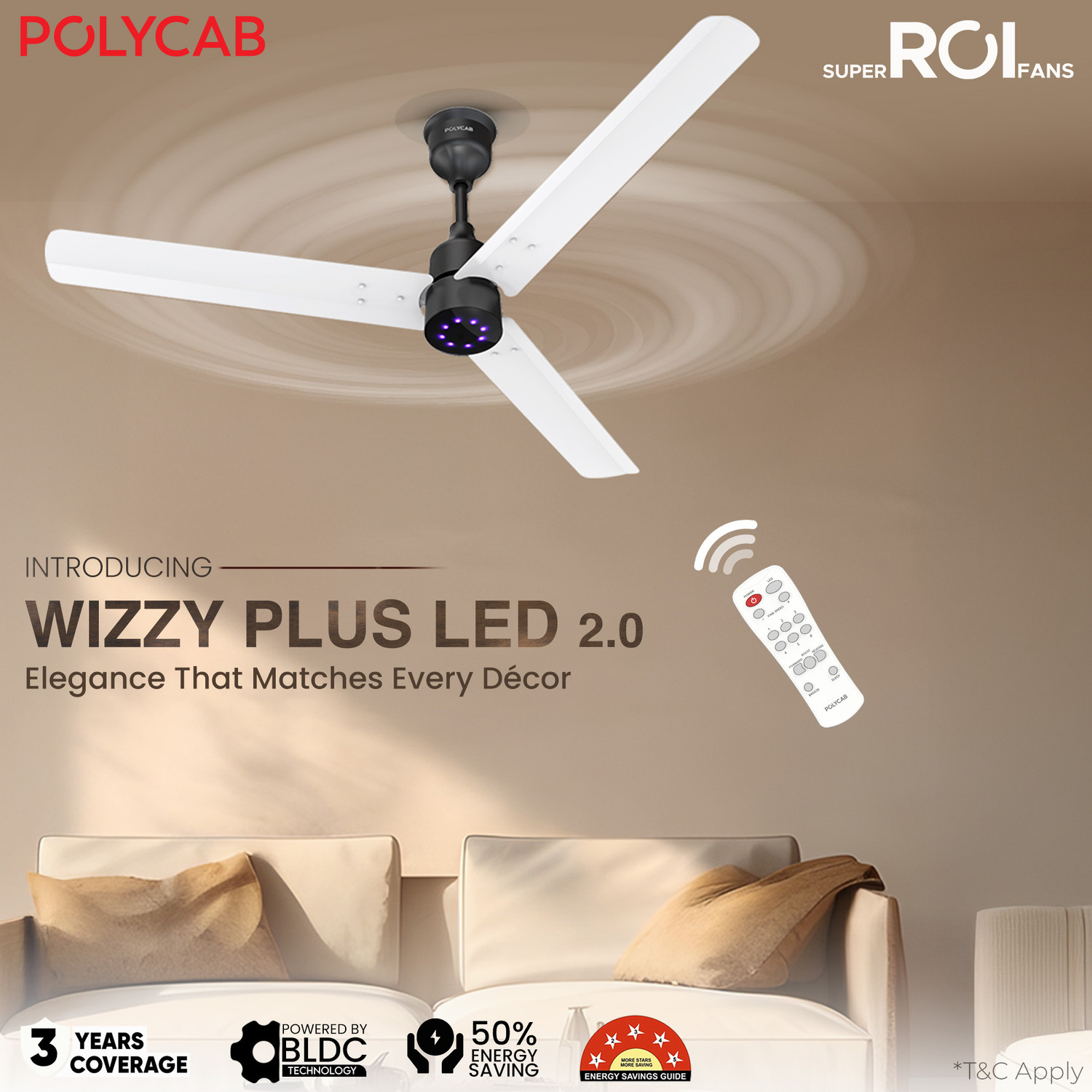 Image of Polycab Wizzy Plus 2.0 LED100% CopperHigher Air DeliveryLED Indicator with 3 Year Warranty BLDC Motor with Remote 1200 mm Ceiling Fan