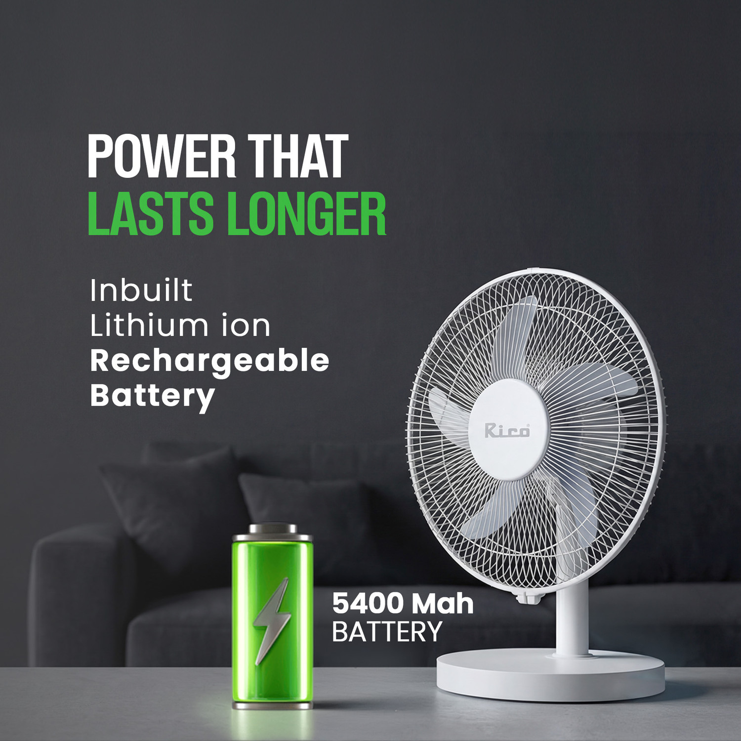 Image of Rico 12 inch Rechargeable Fan | Type-C Charging | BLDC Motor with 3-Speed Setting with 1 Year Warranty Silent Operation, BLDC Motor 305 mm Table Fan