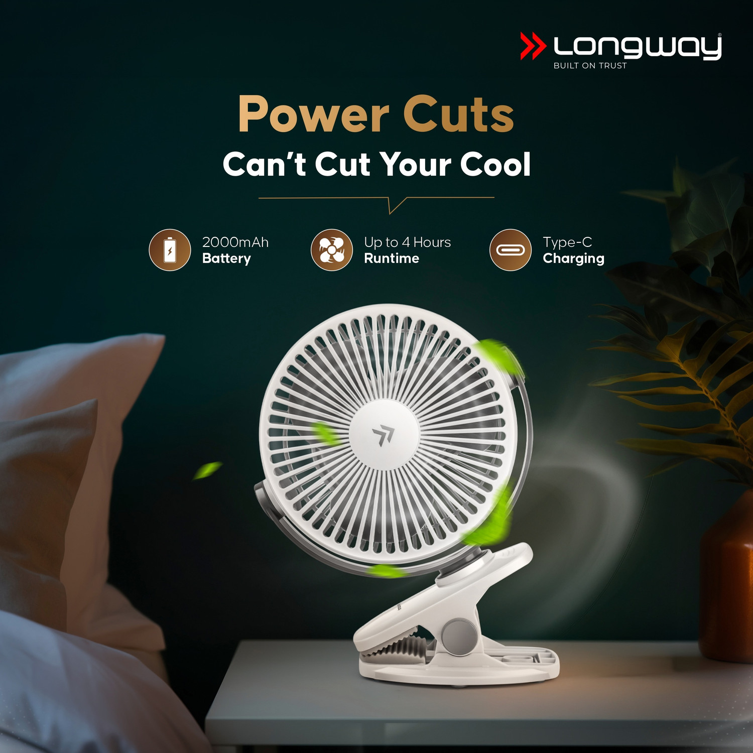 Image of Longway Clipzy Portable Rechargeable Clip Fan with 1 Year Warranty BLDC Motor, Energy Saving 110 mm Table Fan