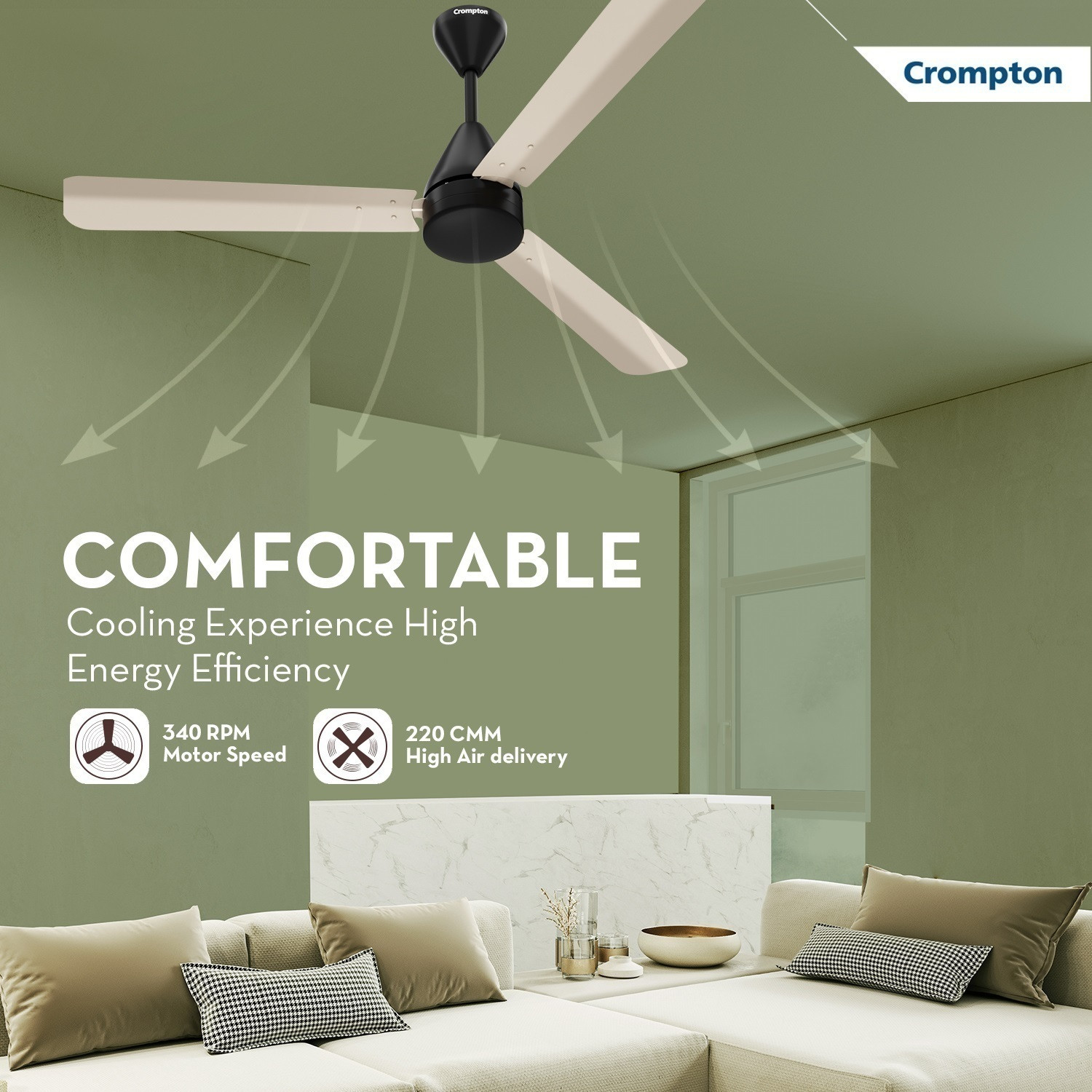 Image of Crompton Energion Hyperjet | BLDC Technology | Remote Control with 2 Year Warranty Energy Saving 1200 mm Ceiling Fan (5 Star | Ivory Black | Pack of 1)