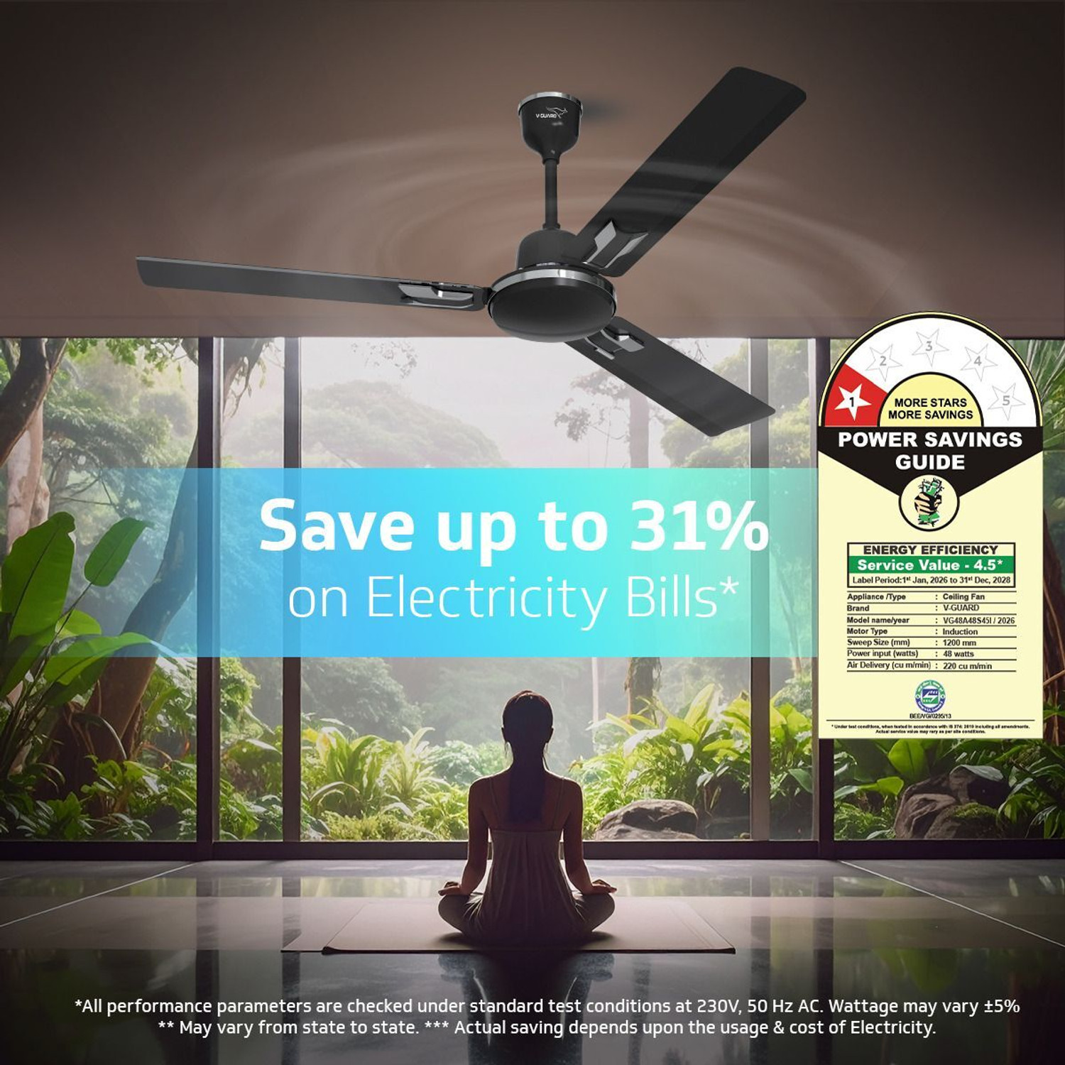 Image of V-Guard Pace Art Bz (Midnight Black) | Energy Saving | Decorative with 2 Year Warranty Energy Saving 1200 mm Ceiling Fan