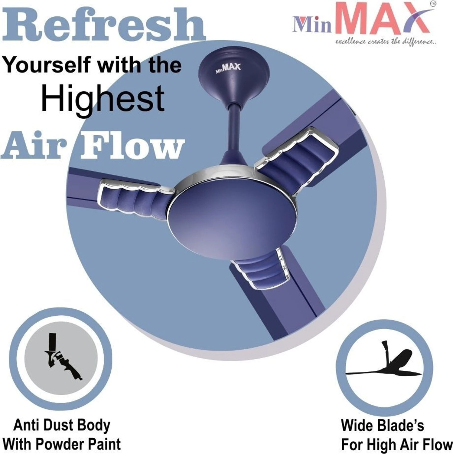 Image of MinMAX CRUISER MATT BLUE-01 with 2 Year Warranty Anti Dust, Ultra High Speed, Silent Operation 1200 mm Ceiling Fan