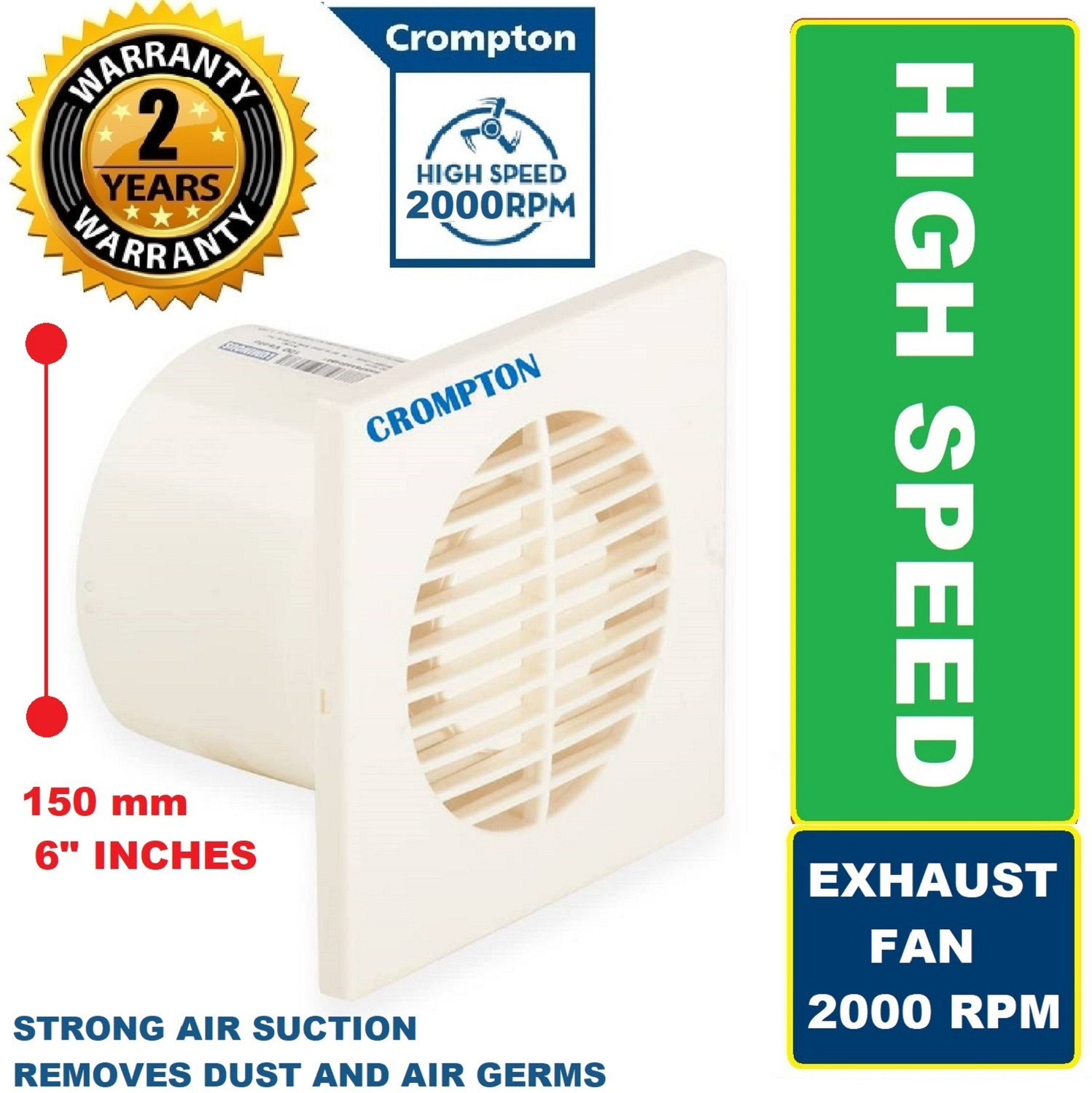 Image of Crompton Axial Air Super Quiet | HIGH SPEED | 2000 RPM | 100% COPPER | High Performance8 with 24 Months Warranty Silent Operation 150 mm Exhaust Fan