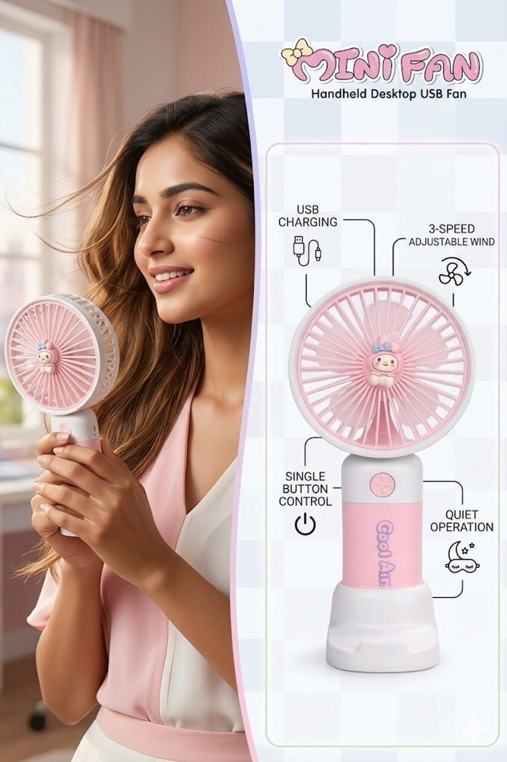 Image of YAKUNOX Portable Handheld Fan Mini USB Rechargeable Cooling Fan Random Colour Anti Dust 90 mm Table Fan