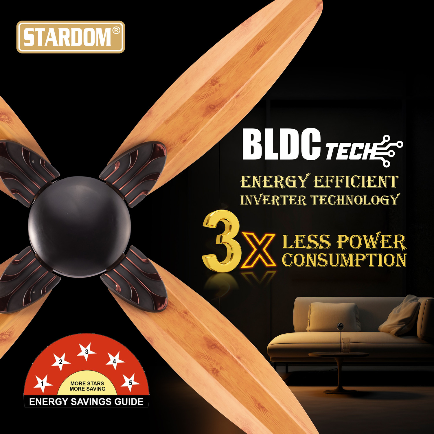 Image of Stardom RACER WOODEN | BLDC Motor | 4 Blade with 5 Year Warranty BLDC Motor with Remote 1200 mm Ceiling Fan