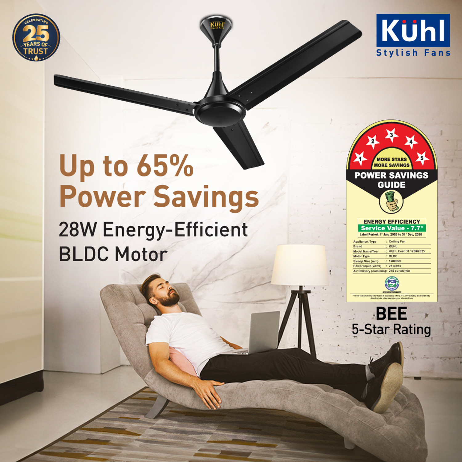 Image of KUHL Fest B1 Power Saving BLDC Ceiling Fan |28W|365 RPM | Remote & Regulator Operated BLDC Motor with Remote 1200 mm Ceiling Fan (5 Star | Black | Pack of 1)