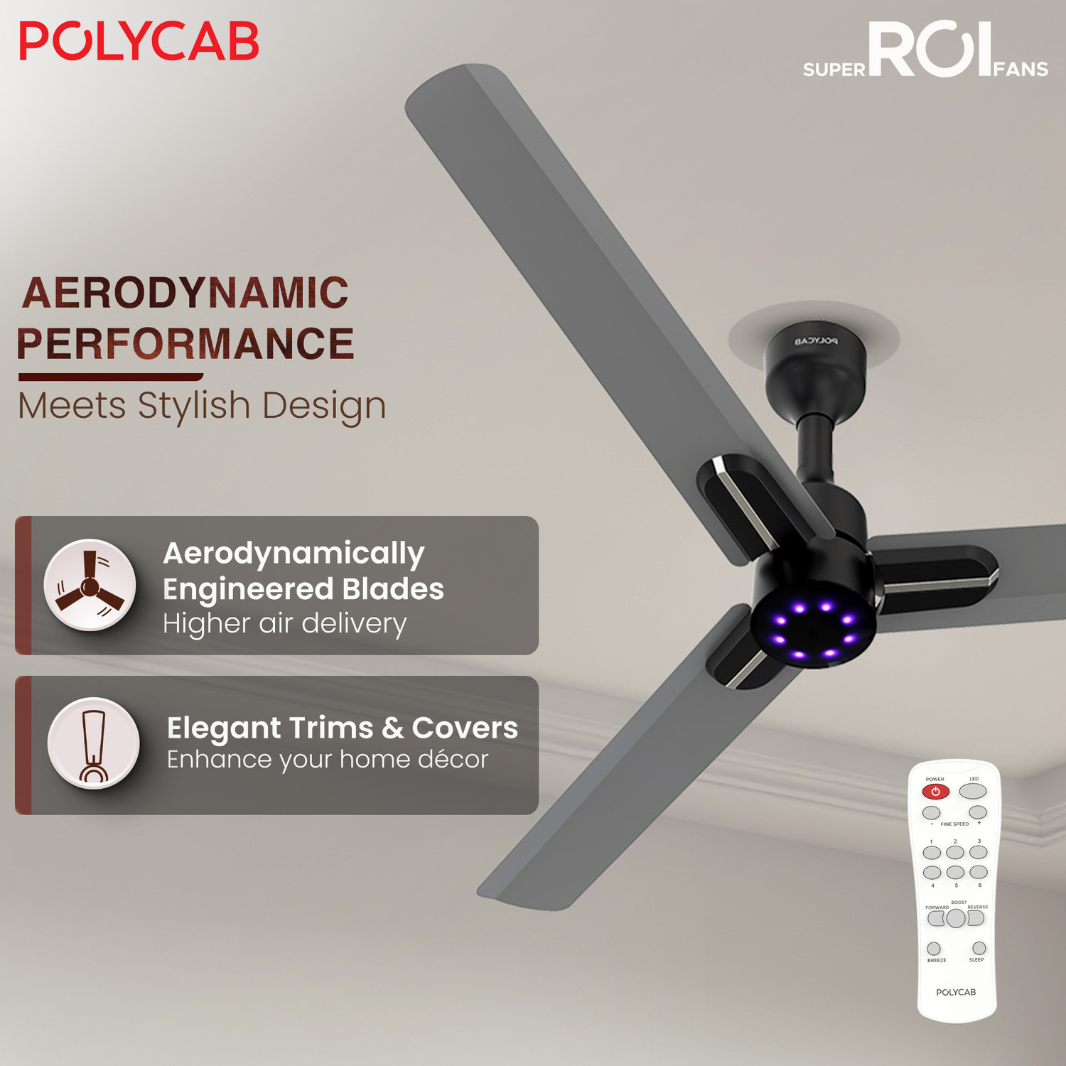 Image of Polycab Wizzy Neo LED 2.0100% CopperHigher Air DeliveryLED Indicator with 3 Year Warranty BLDC Motor with Remote 1200 mm Ceiling Fan