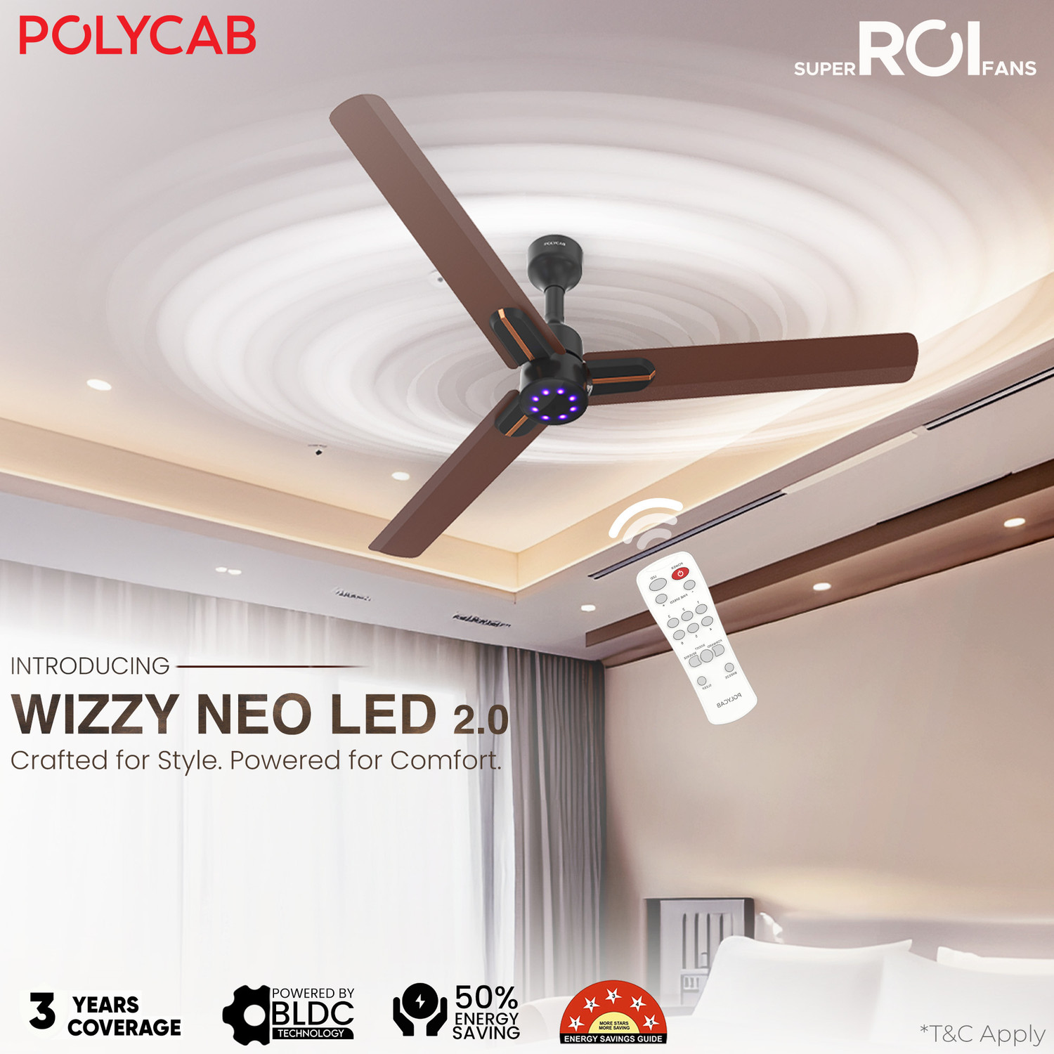 Image of Polycab Wizzy Neo LED 2.0100% CopperHigher Air DeliveryLED Indicator with 3 Year Warranty BLDC Motor with Remote 1200 mm Ceiling Fan
