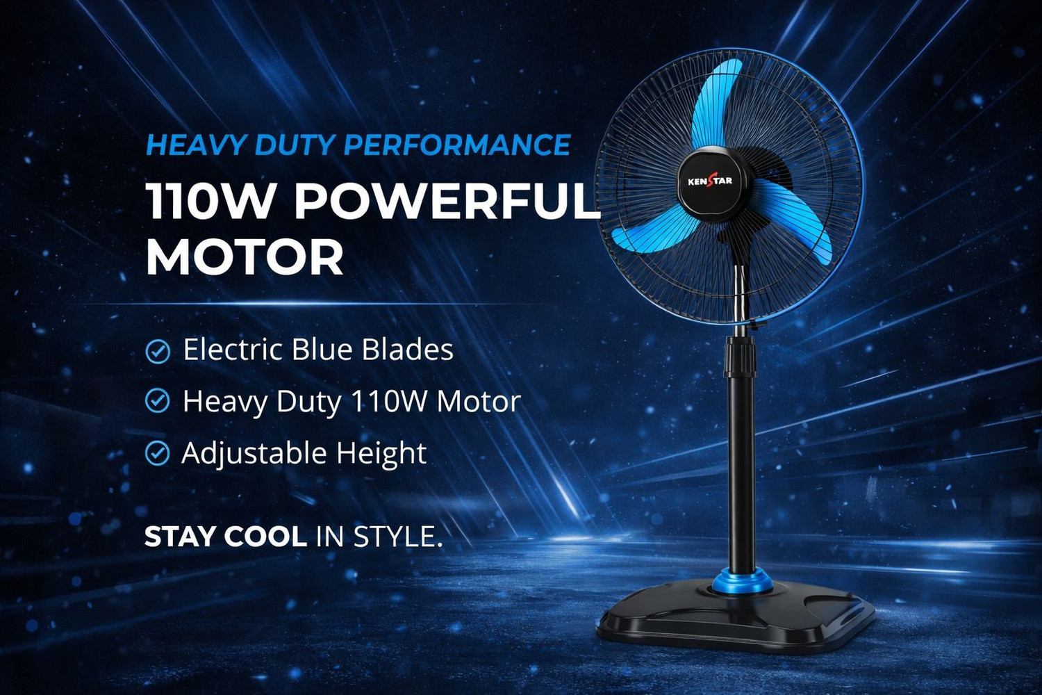 Image of Kenstar Wind Speed Ultra BLU | Adjustable Height | High Speed with 24 Months Warranty 400 mm Pedestal Fan