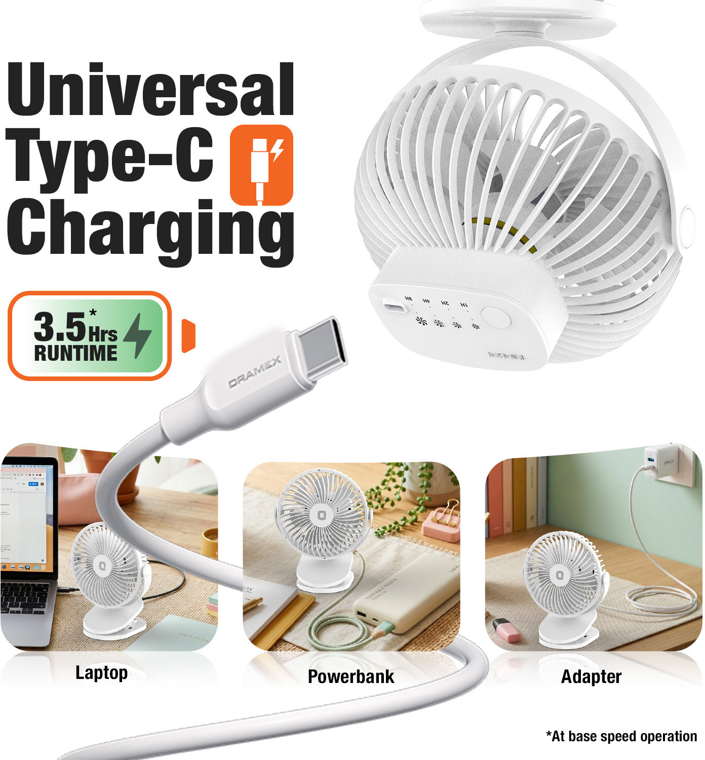 Image of Orient Electric Orbis | Rechargeable Clip-On Mini Personal Fan | 360 Degree Rotation |USB Type-C with 1 Year Warranty Silent Operation 127 mm Table Fan