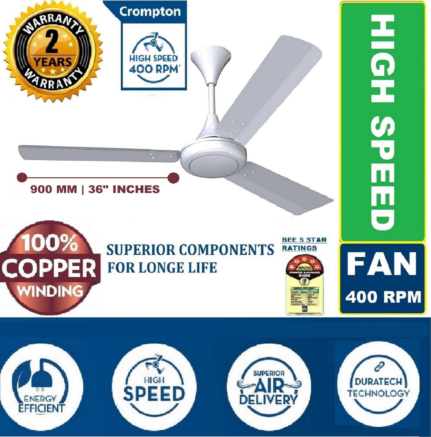 Image of Crompton SUPER HIGH SPEED 400 RPM 51 Watts Energy Saver 100% COPPER Longer Life1 with 24 Months Warranty Ultra High Speed 900 mm Ceiling Fan