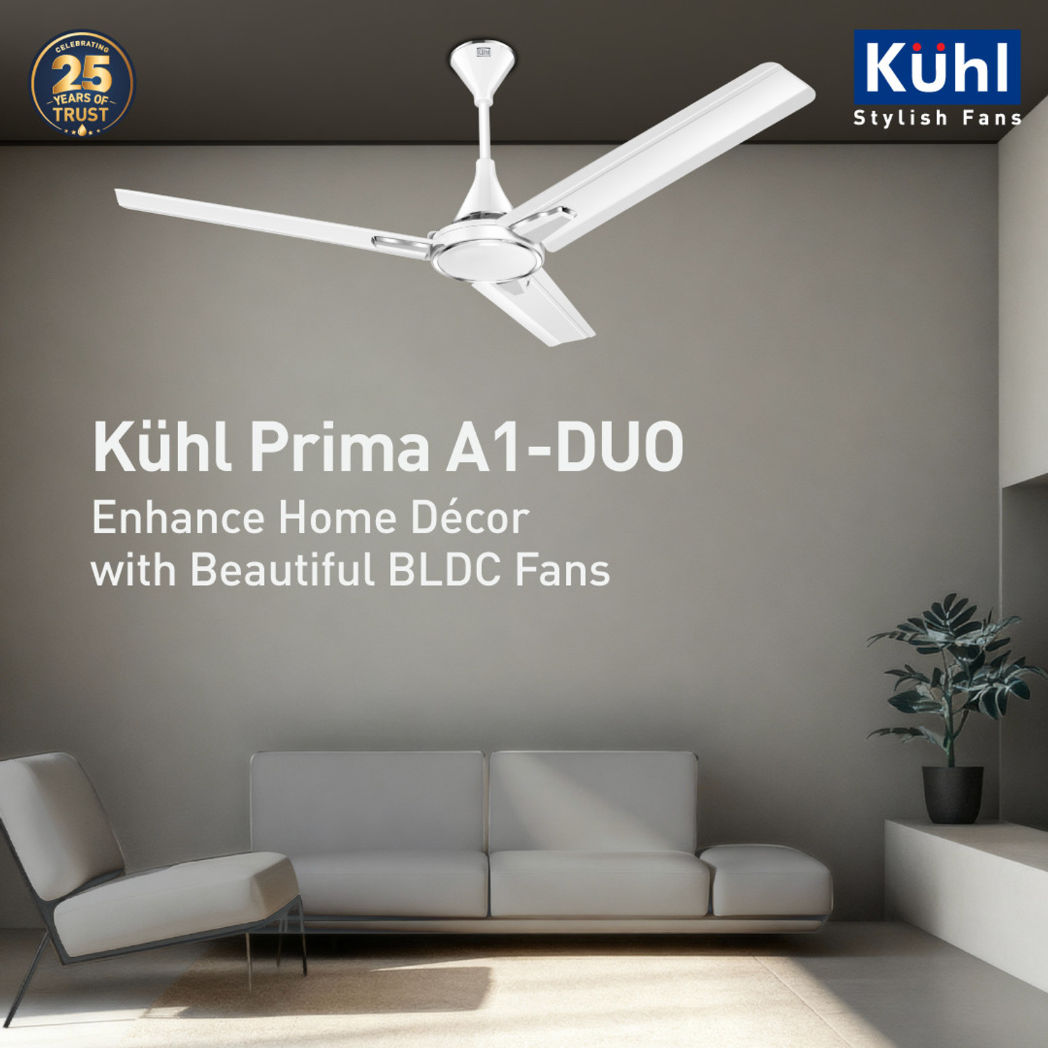 Image of KUHL Prima A1 Duo Power Saving BLDC Ceiling Fan | 29W | Remote & Regulator Operated BLDC Motor with Remote 1200 mm Ceiling Fan