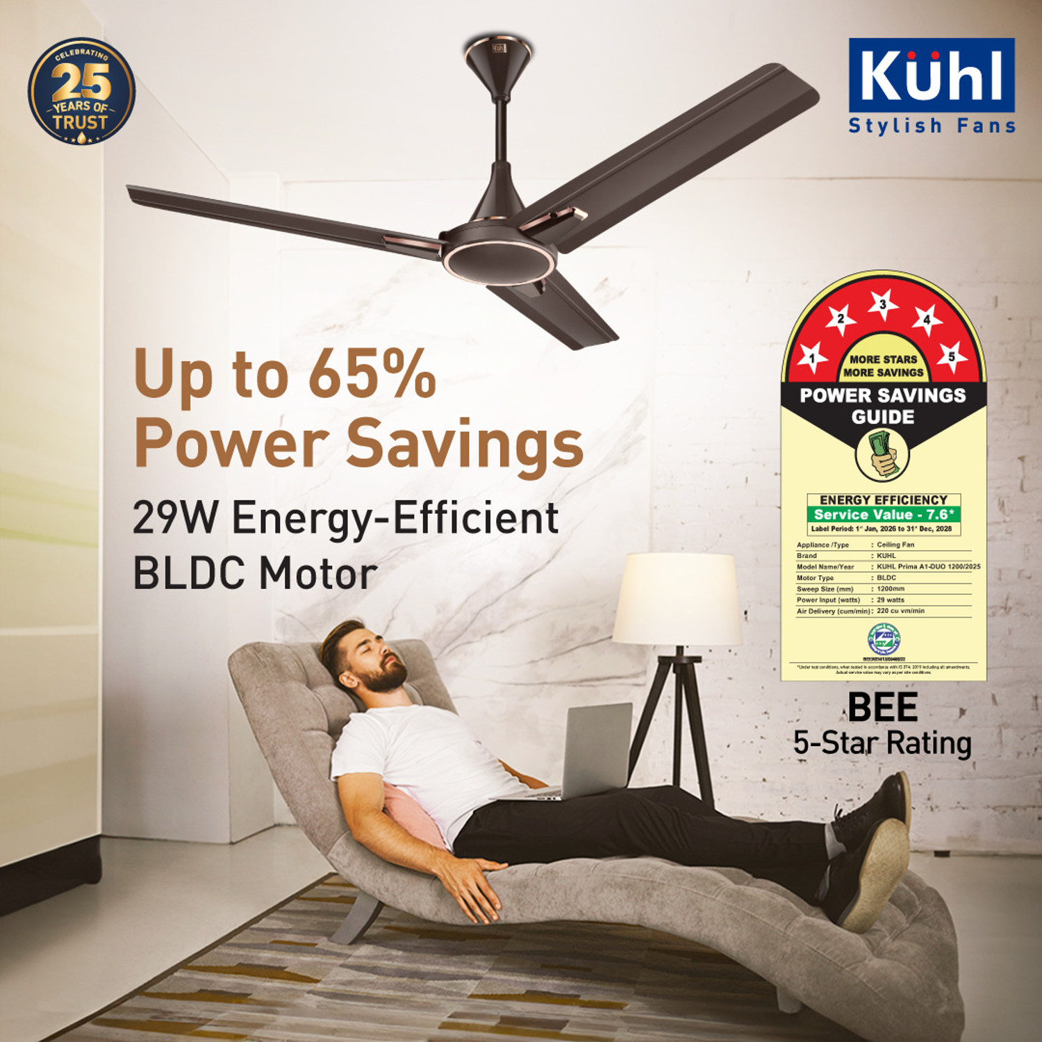 Image of KUHL Prima A1 Duo Power Saving BLDC Ceiling Fan | Remote & Regulator Operated BLDC Motor with Remote 1200 mm Ceiling Fan