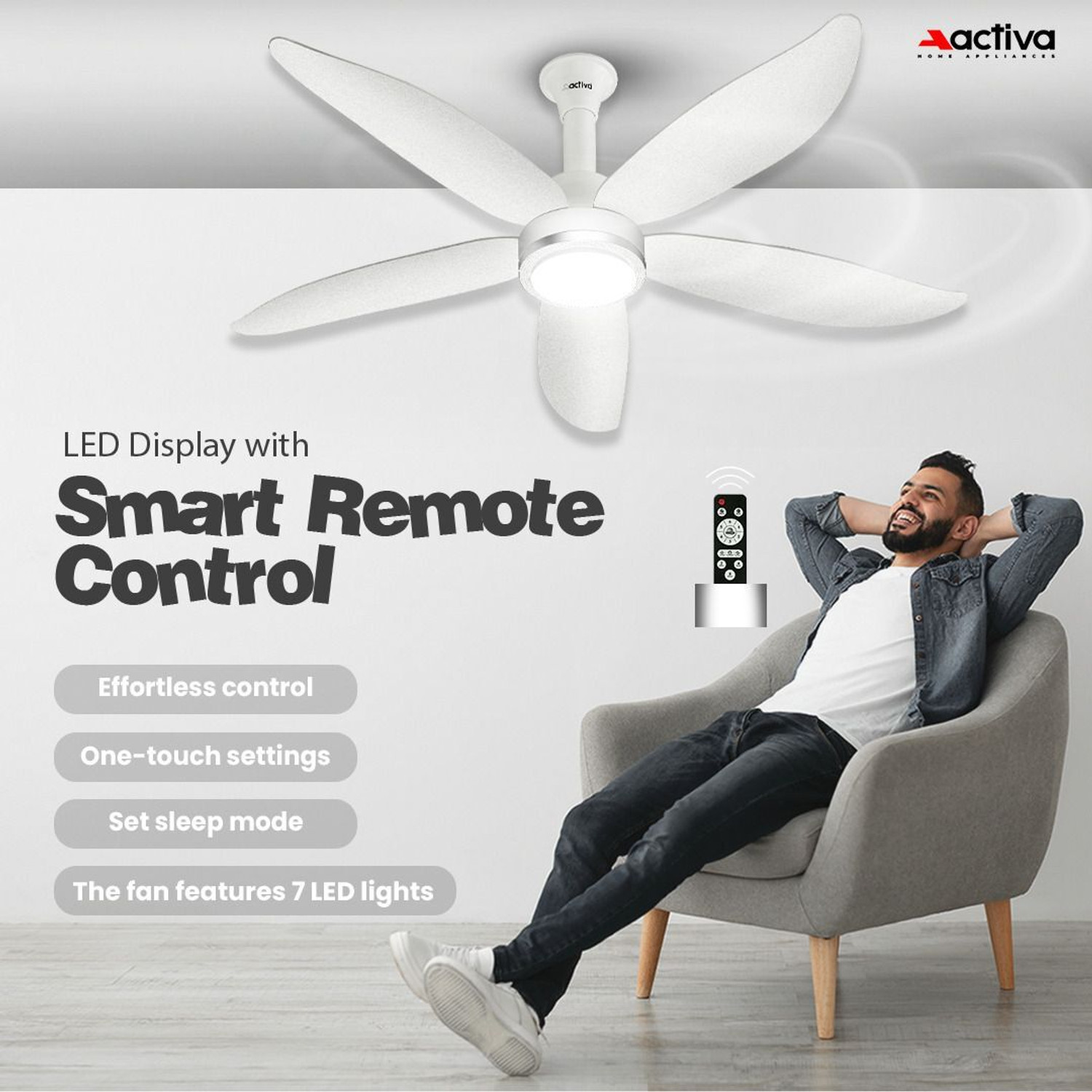 Image of ACTIVA Aero Five | BLDC Motor | Remote Control | LED Light | 5 Blade with 5 Year Warranty BLDC Motor with Remote 1200 mm Ceiling Fan