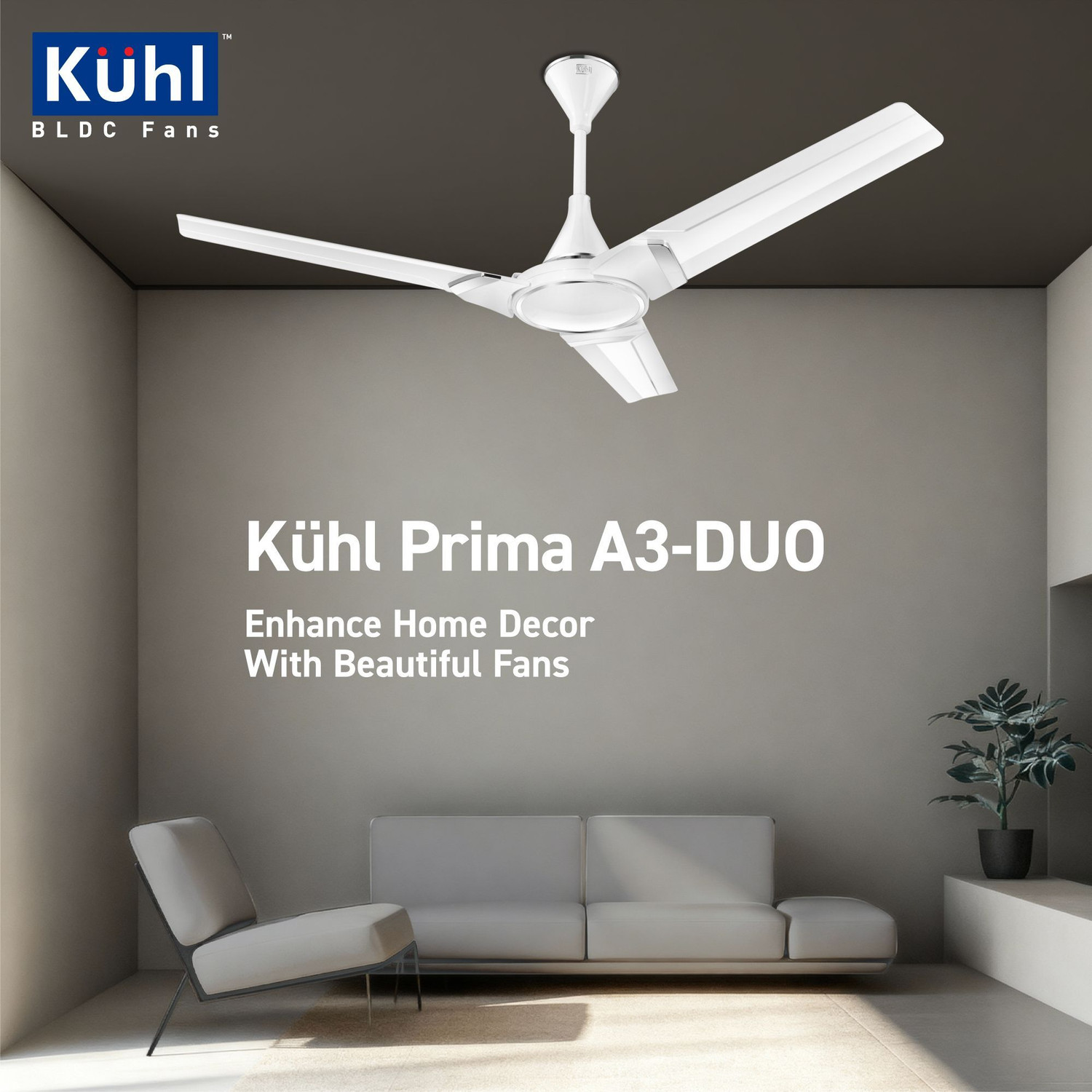 Image of KUHL Prima A3 Duo Power Saving BLDC Ceiling Fan | 29W | Remote & Regulator Operated BLDC Motor with Remote 1200 mm Ceiling Fan