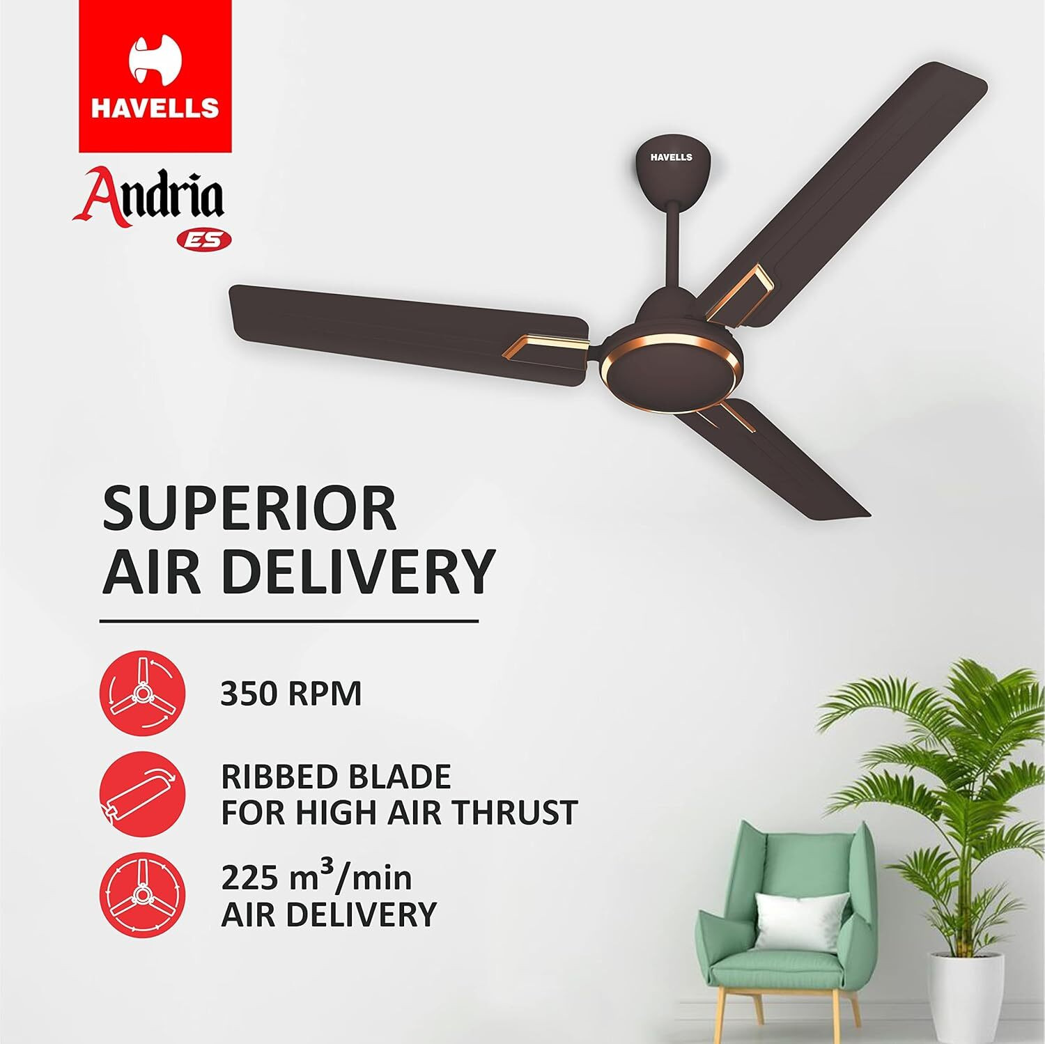 Image of HAVELLS Andria Energy Savingn,Corded Electric,art deco, with 2 Year Warranty 1200 mm Ceiling Fan