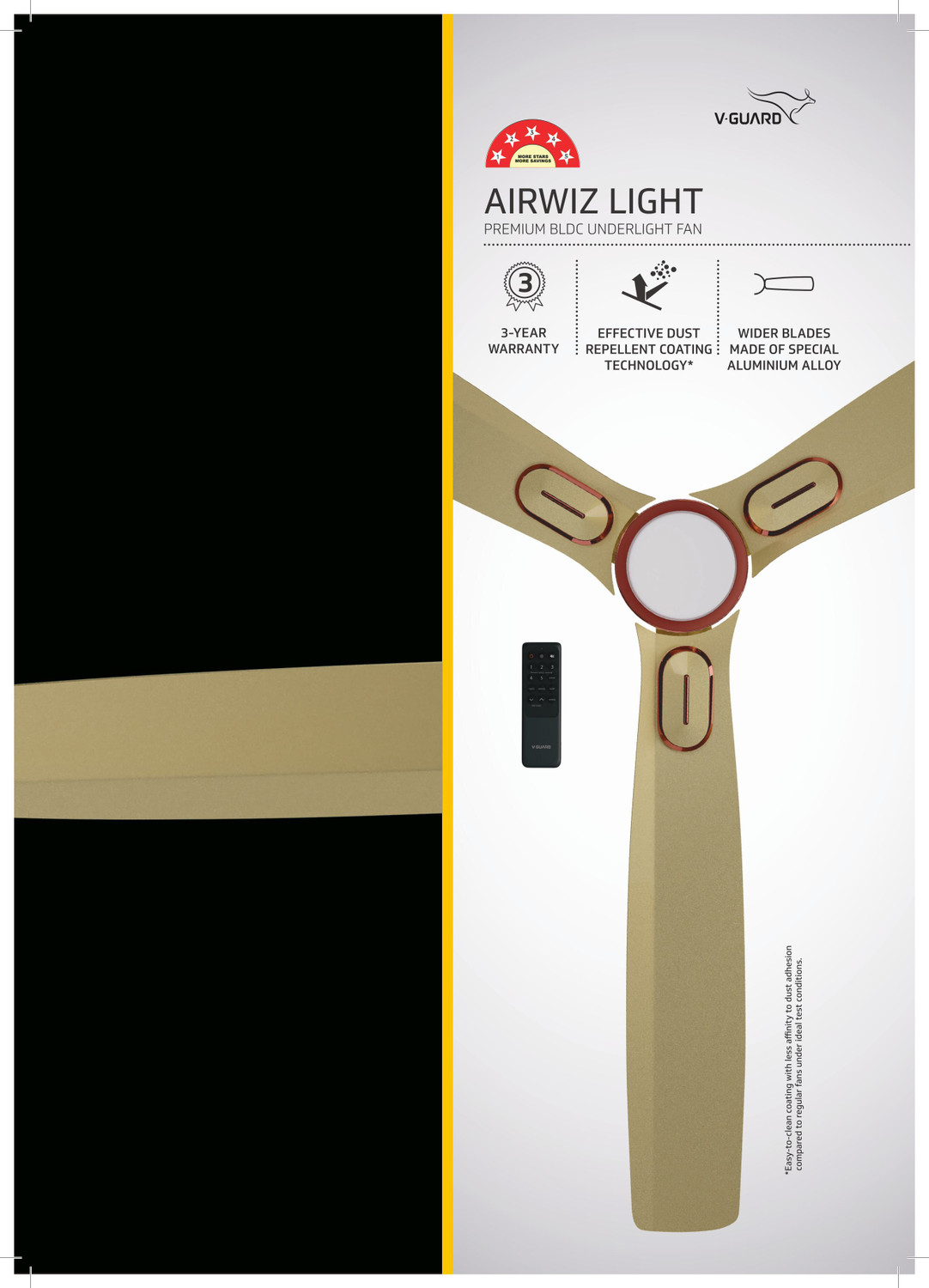 Image of V-Guard AIRWIZ LIGHT PREMIUM HIGH SPEED | 6W LED UNDER LIGHT (48 inch) 370 RPM with 3 Year Warranty BLDC Motor with Remote 1200 mm Ceiling Fan