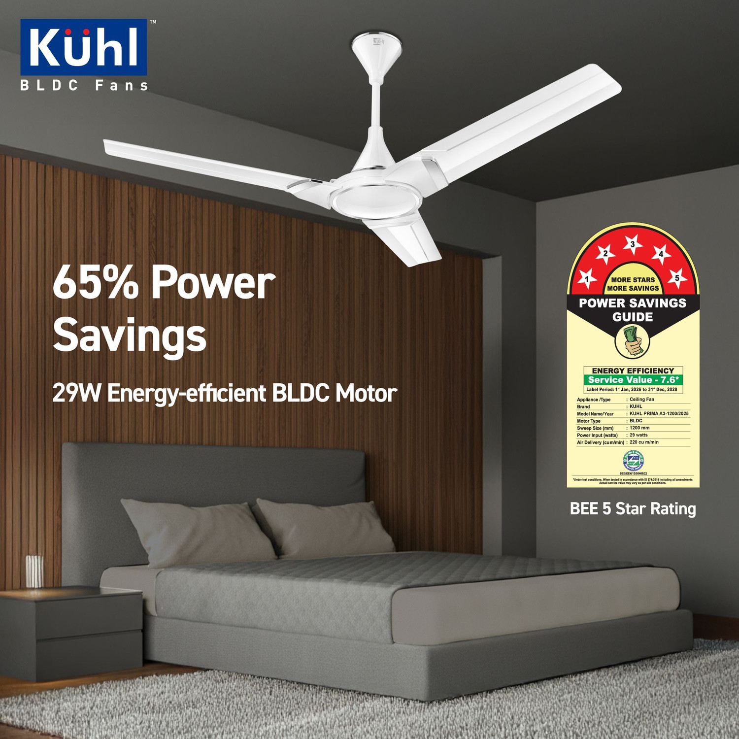Image of KUHL Prima A3 Duo Power Saving BLDC Ceiling Fan | 29W | Remote & Regulator Operated BLDC Motor with Remote 1200 mm Ceiling Fan