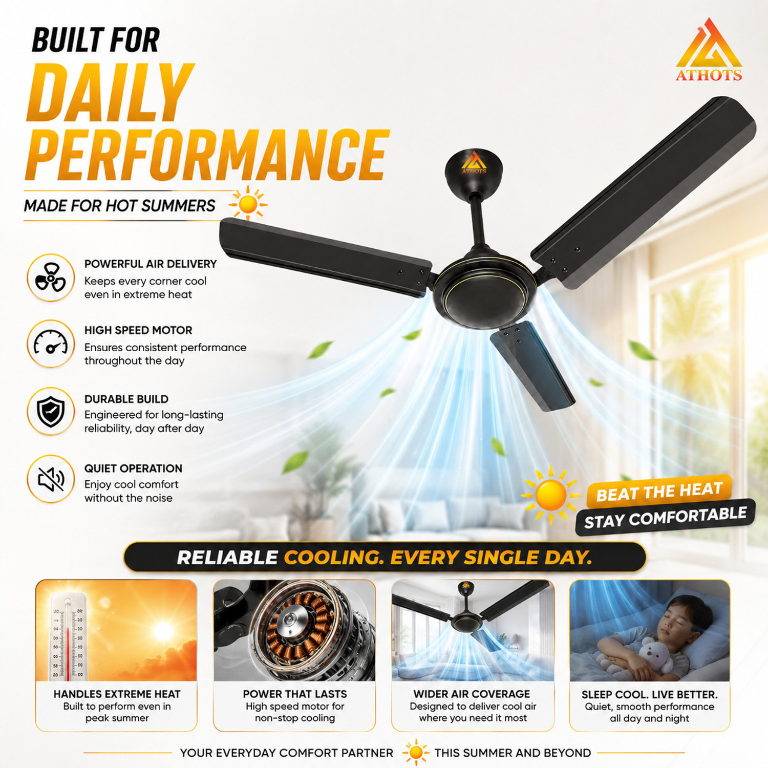 Image of Athots Mallet 48 Inch | Ultra High Speed with 30 Months Warranty High Air Delivery 1200 mm Ceiling Fan