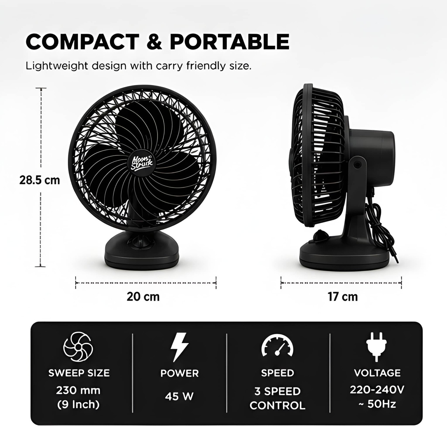 Image of Moonstruck Onyx 9 Inch All Purpose Fan | Table & Wall Mount | Made in India with 12 Months Warranty Energy Saving, High Air Delivery 230 mm Table Fan