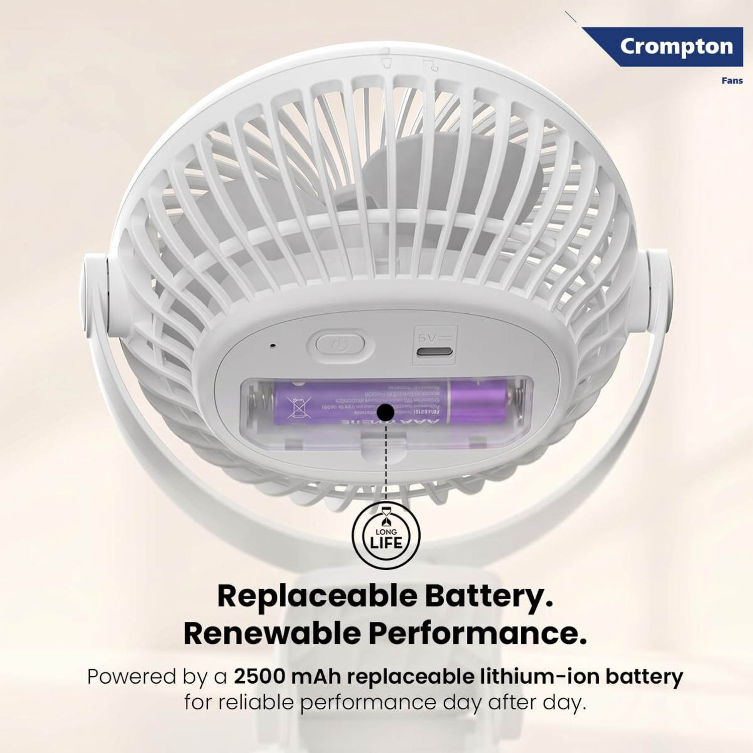 Image of Crompton Siro Personal Fan|Rechargeable Clip|C-type Charging with 1 Year Warranty Silent Operation, Ultra High Speed, With LED Indicators 100 mm Table Fan