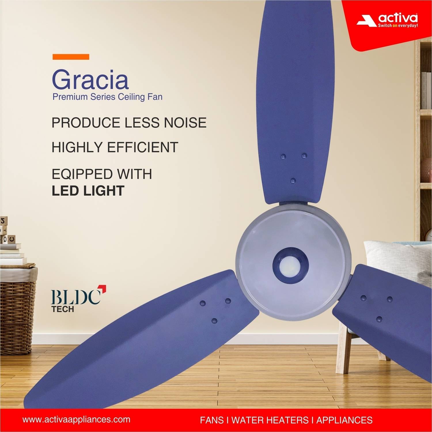 ACTIVA Gracia 1200mm BLDC Ceiling Fan with LED Light - Image 4