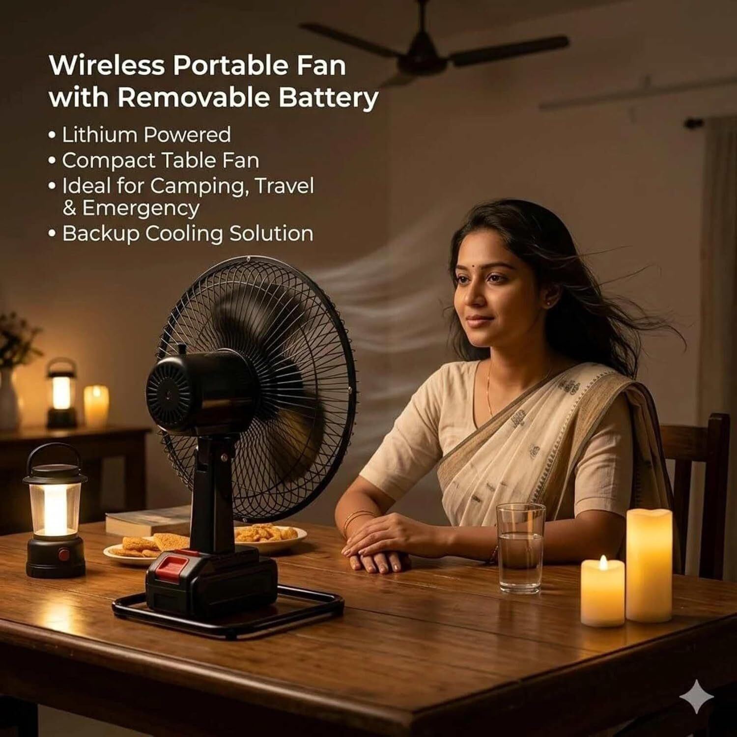 Image of WIFTON Portable Rechargeable Table Fan with 2 Batteries & Charger with 1 Year Warranty Energy Saving, High Air Delivery, Silent Operation 1200 mm Table Fan