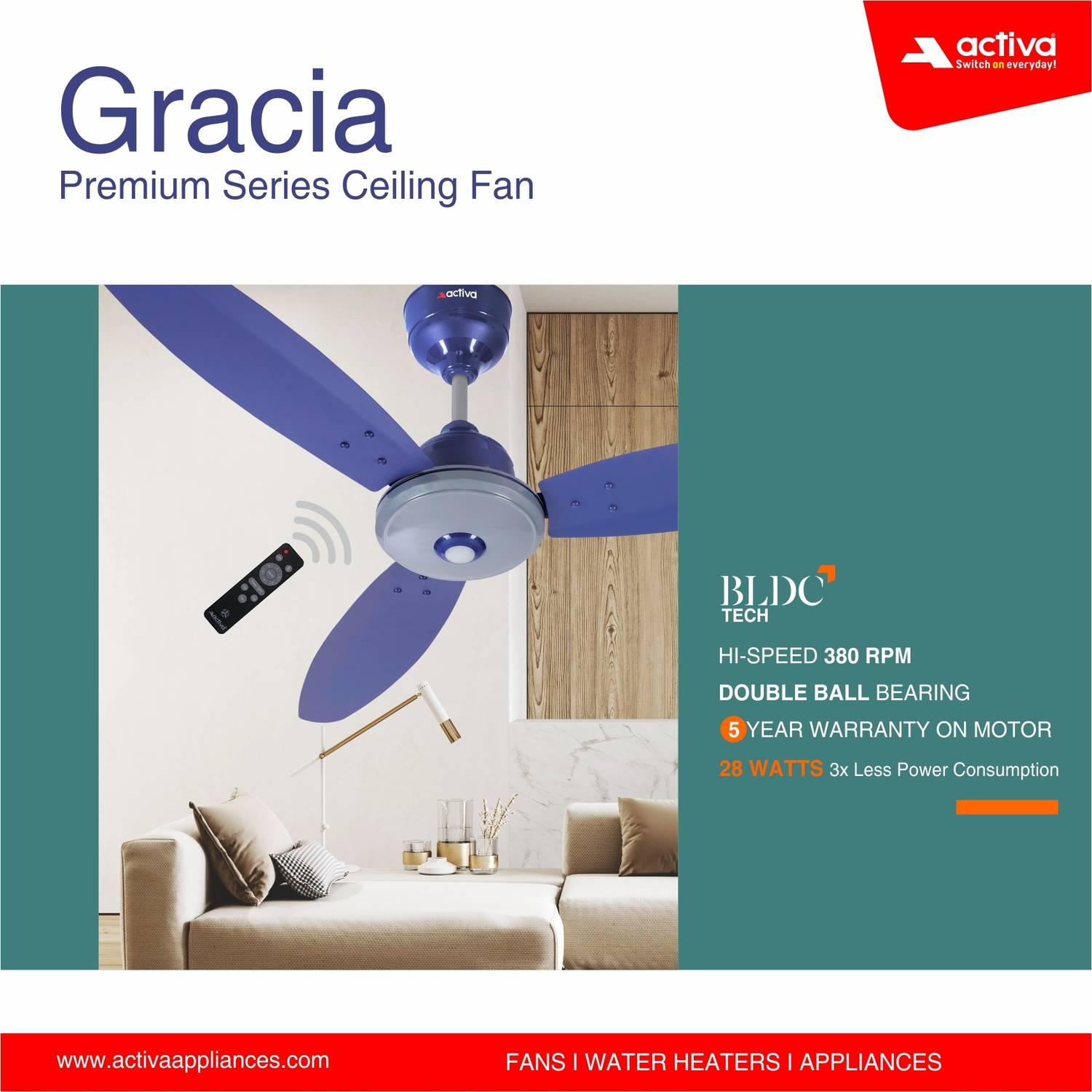 ACTIVA Gracia 1200mm BLDC Ceiling Fan with LED Light - Image 3