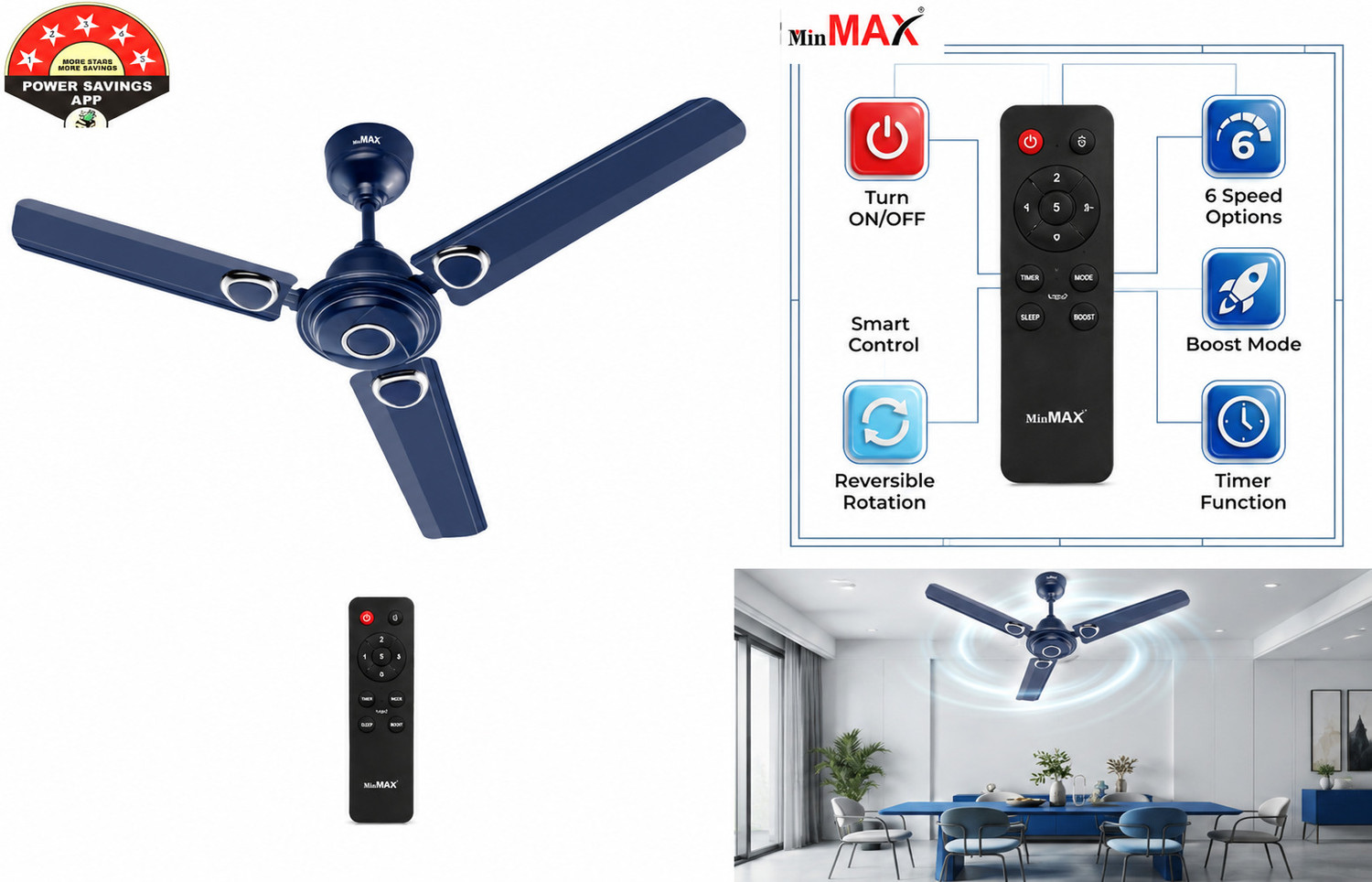Image of MinMAX 48 Inch BLDC Ceiling Fan with Remote | Energy Efficient | Blue with 24 Months Warranty BLDC Motor, Remote Controlled, BLDC Motor with Remote, Ultra High Speed 1200 mm Ceiling Fan