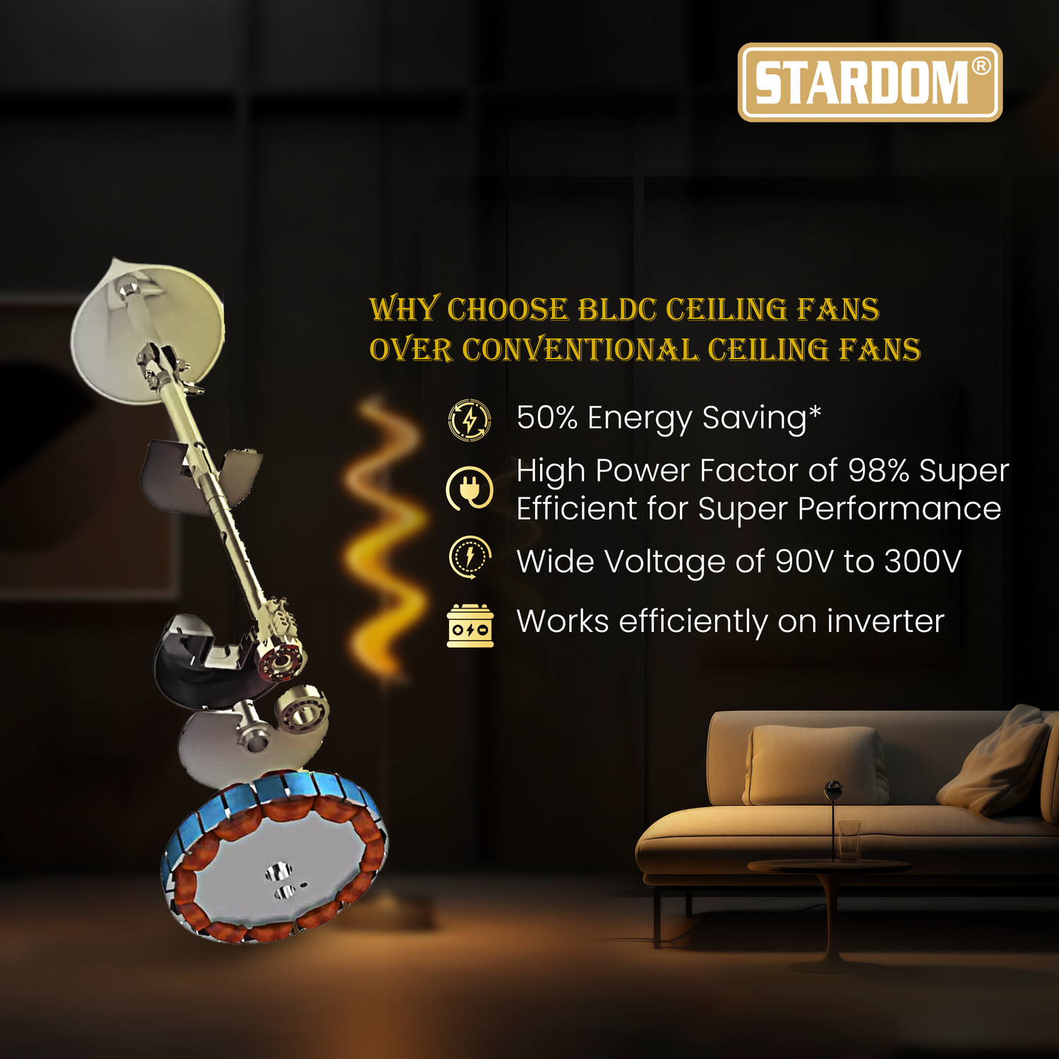 Image of Stardom RACER WOODEN | BLDC Motor | 4 Blade with 5 Year Warranty BLDC Motor with Remote 1200 mm Ceiling Fan