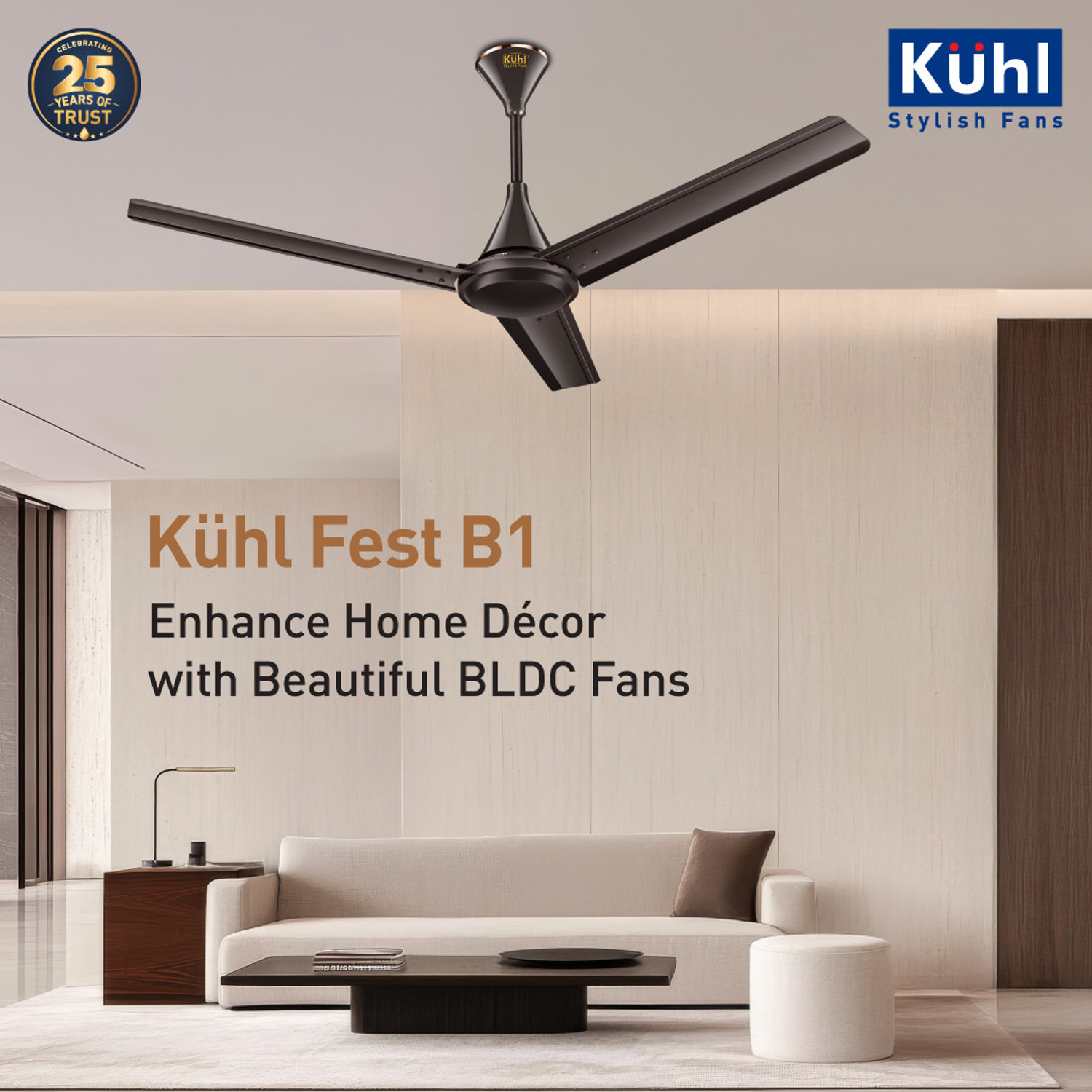 Image of KUHL Fest B1 Power Saving BLDC Ceiling Fan |28W|365 RPM | Remote & Regulator Operated BLDC Motor with Remote 1200 mm Ceiling Fan (5 Star | Espresso | Pack of 1)