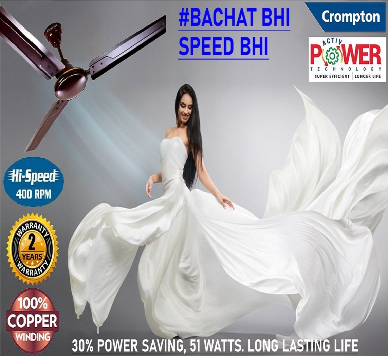 Image of Crompton SUREBREEZE 400 RPM ULTRA HIGH SPEED 100% COPPER MOTOR LONG LIFE HS Plus188 with 24 Months Warranty Energy Saving 1200 mm Ceiling Fan