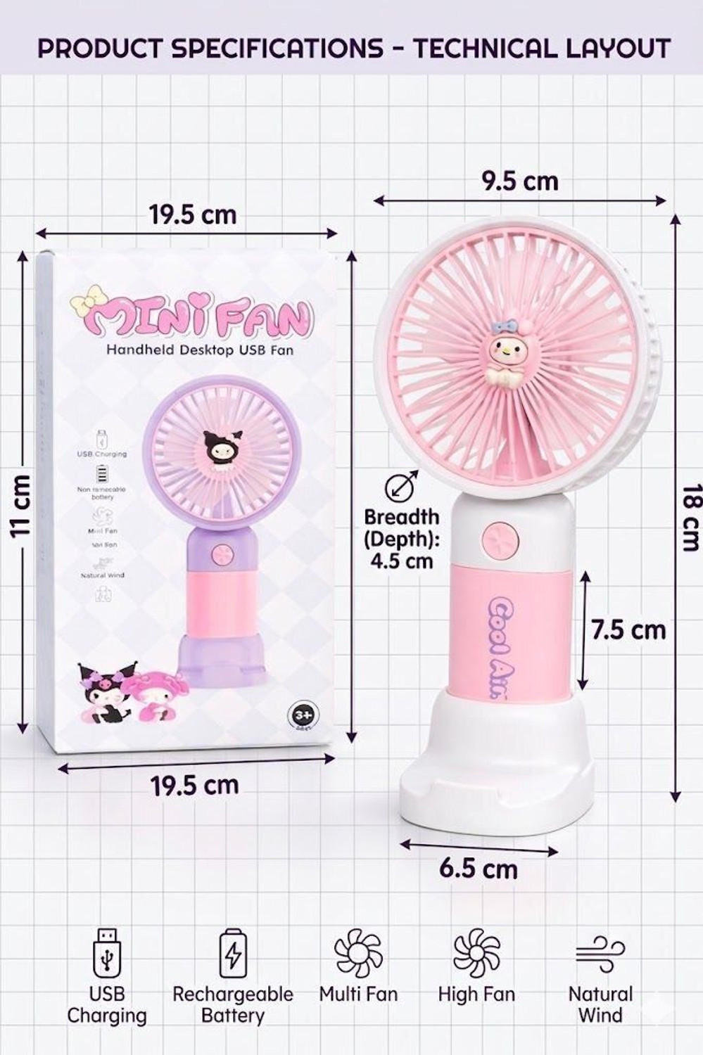 Image of YAKUNOX Mini Fan for Personal Use USB Rechargeable Cooling Fan Random Colour Anti Dust 90 mm Table Fan