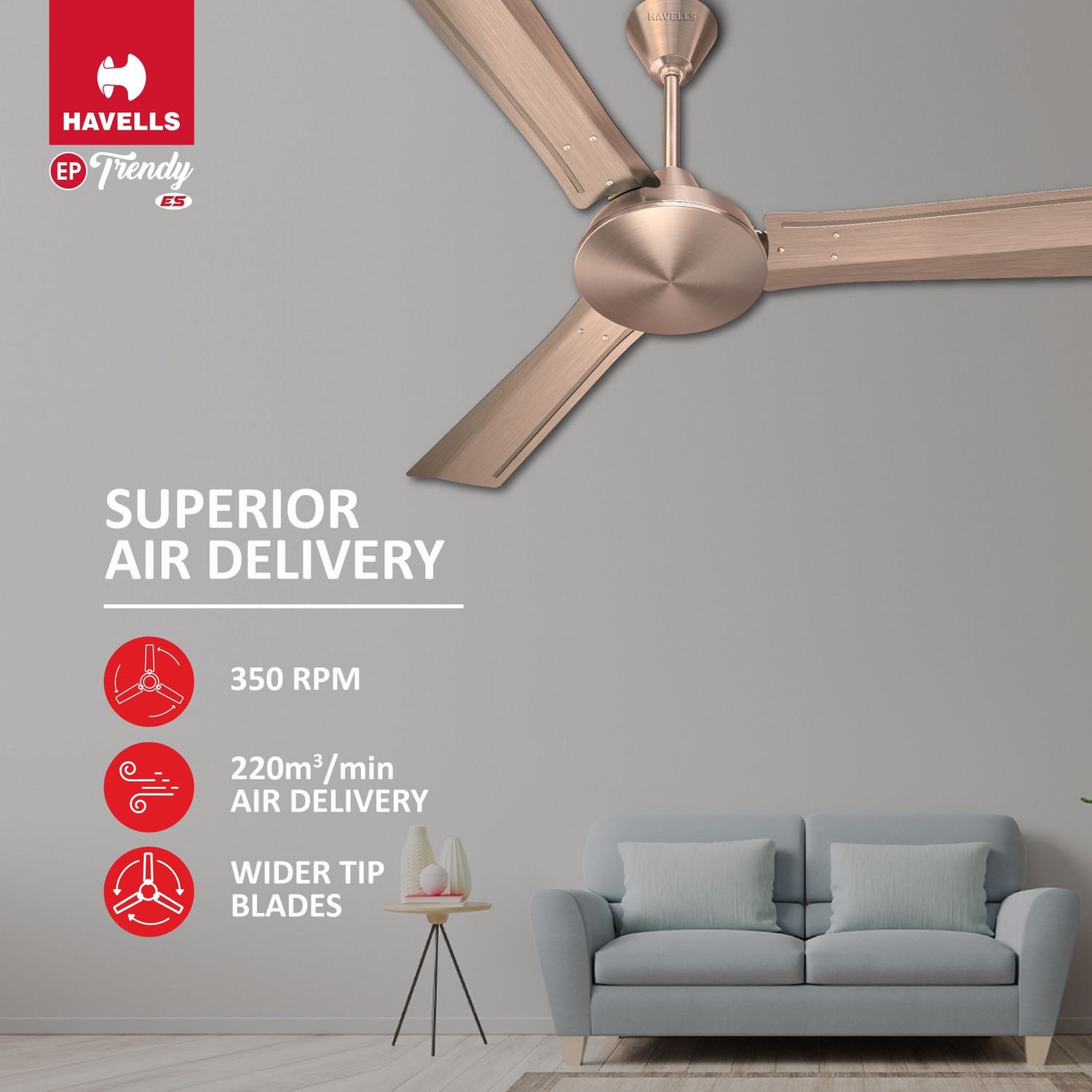 Image of HAVELLS EP Trendy|Energy Saving| 100% Pure Copper|Low Noise|52W|Premium Finish with 2 Year Warranty Energy Saving 1200 mm Ceiling Fan