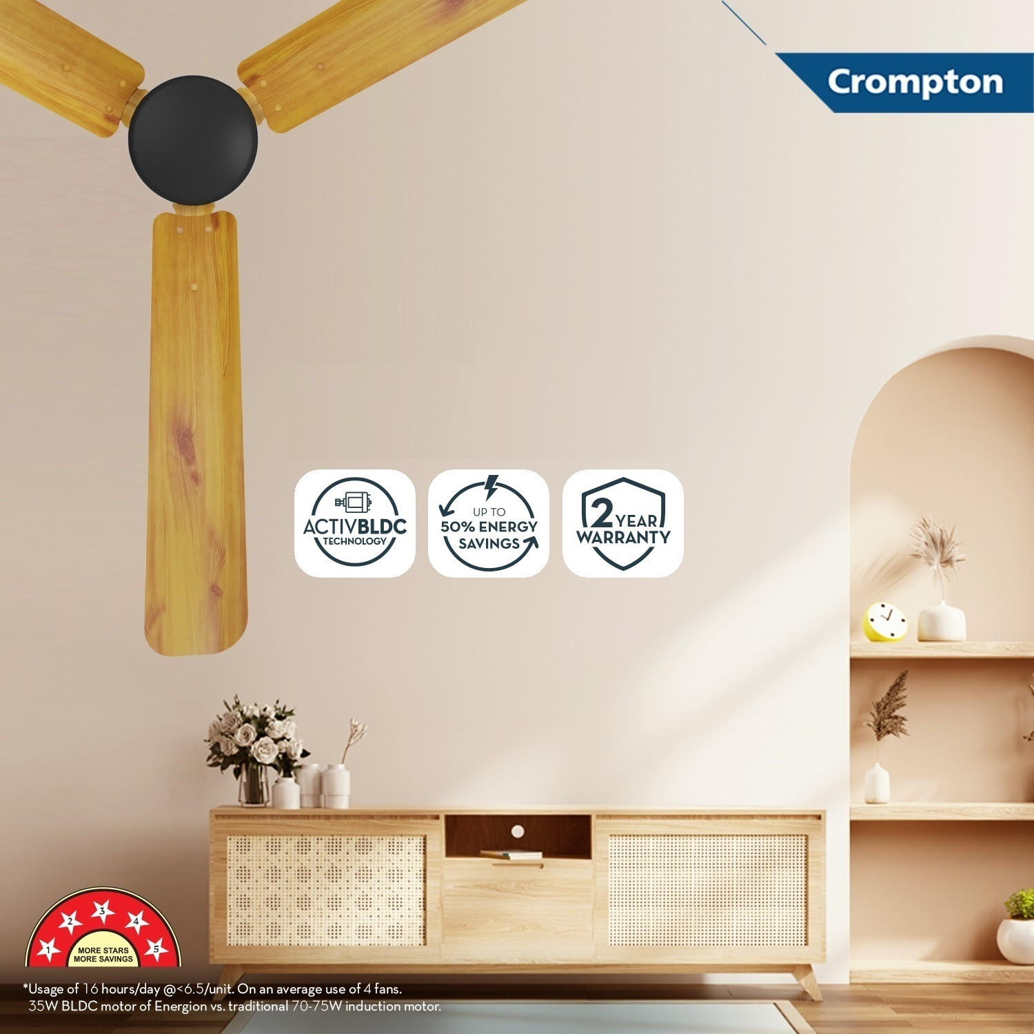 Image of Crompton EN Hyperjet Plus 48 5S RM with 2 Year Warranty 1200 mm Ceiling Fan (5 Star | Light Pine Wood | Pack of 1)