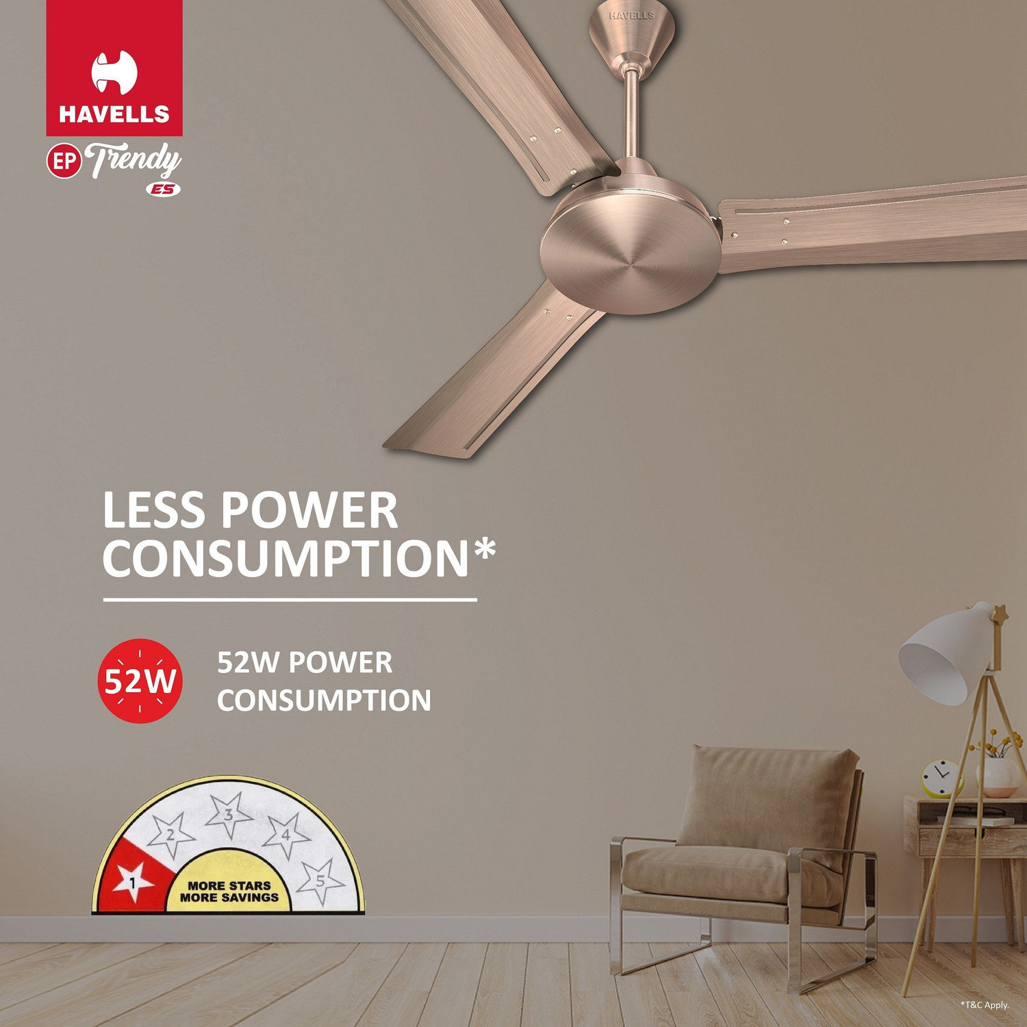 Image of HAVELLS EP Trendy|Energy Saving| 100% Pure Copper|Low Noise|52W|Premium Finish with 2 Year Warranty Energy Saving 1200 mm Ceiling Fan